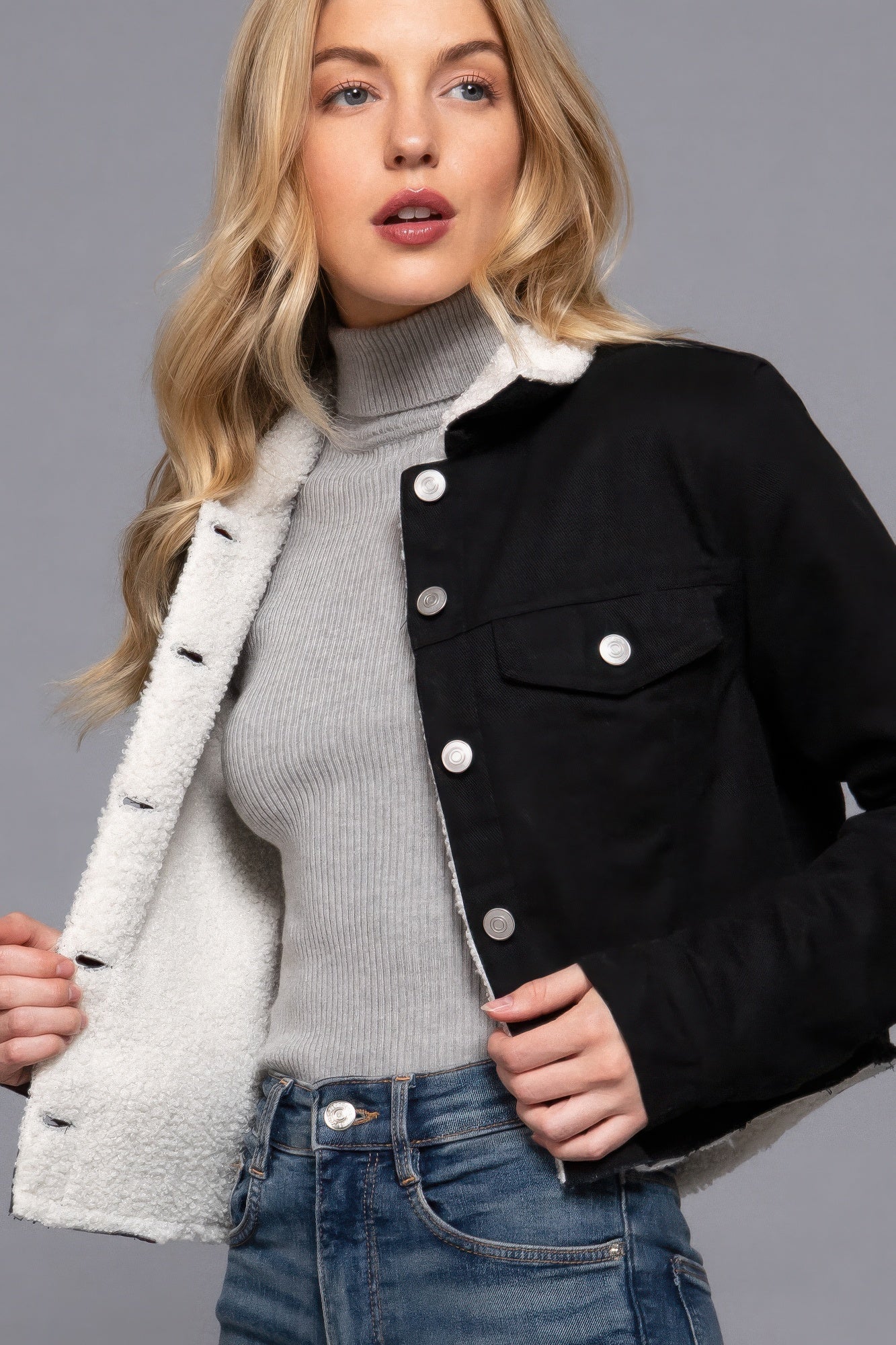 Button Closure Sherpa-lined Twill Jacket - That Janis Style