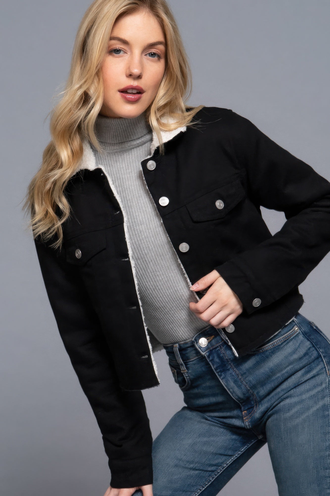 Button Closure Sherpa-lined Twill Jacket - That Janis Style