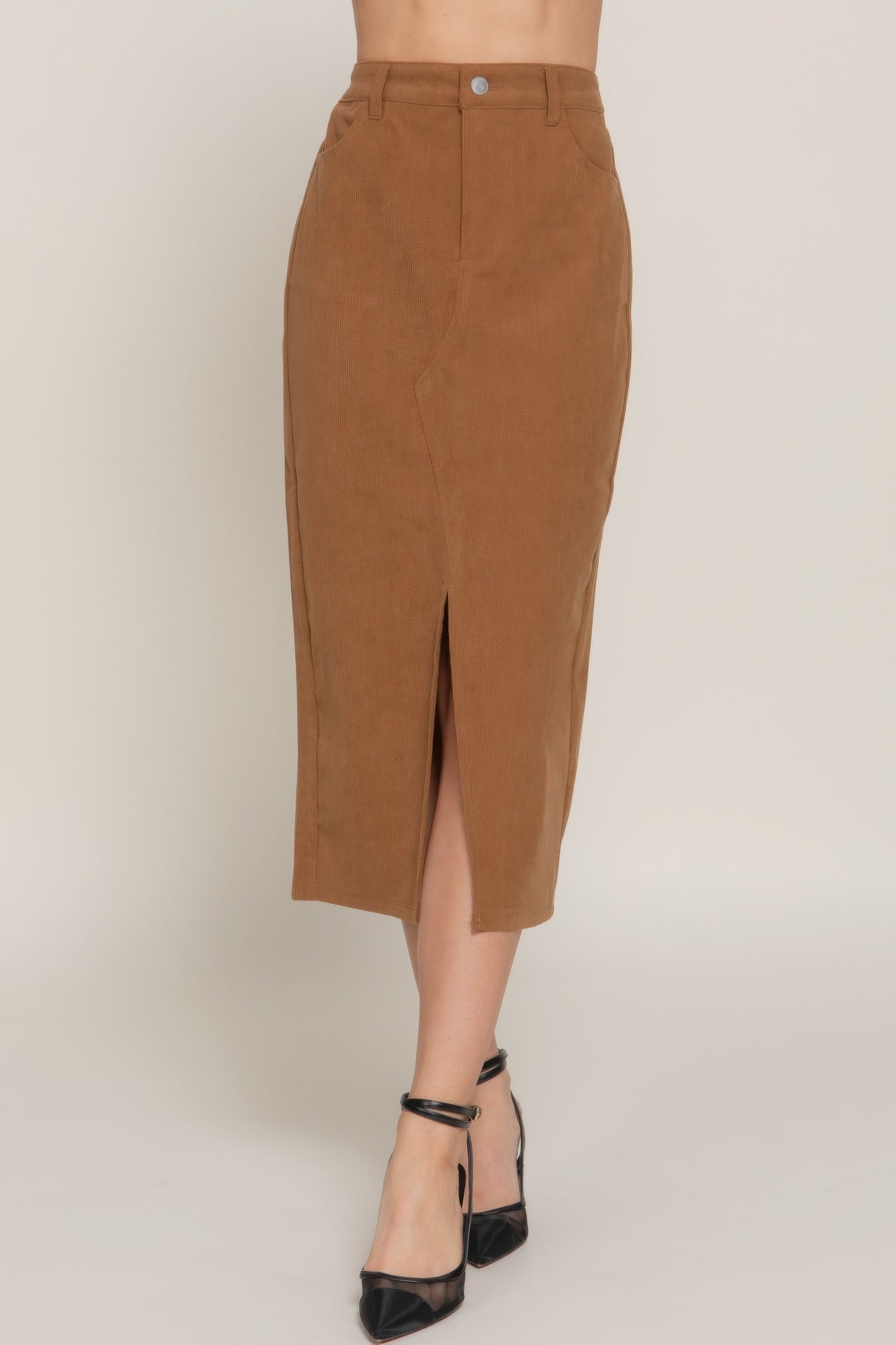 Front Open Slit Corduroy Midi Skirt - That Janis Style