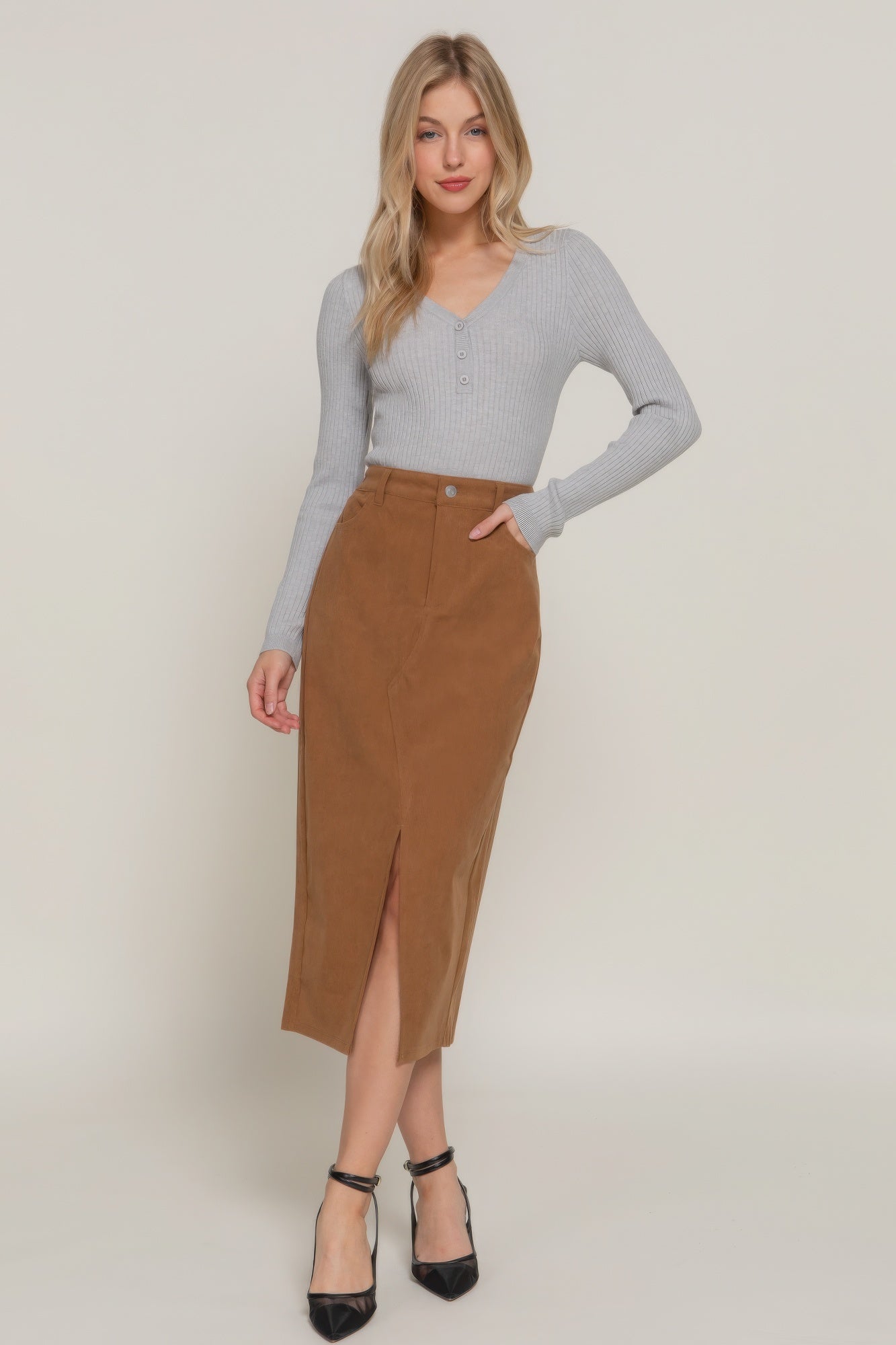 Front Open Slit Corduroy Midi Skirt - That Janis Style