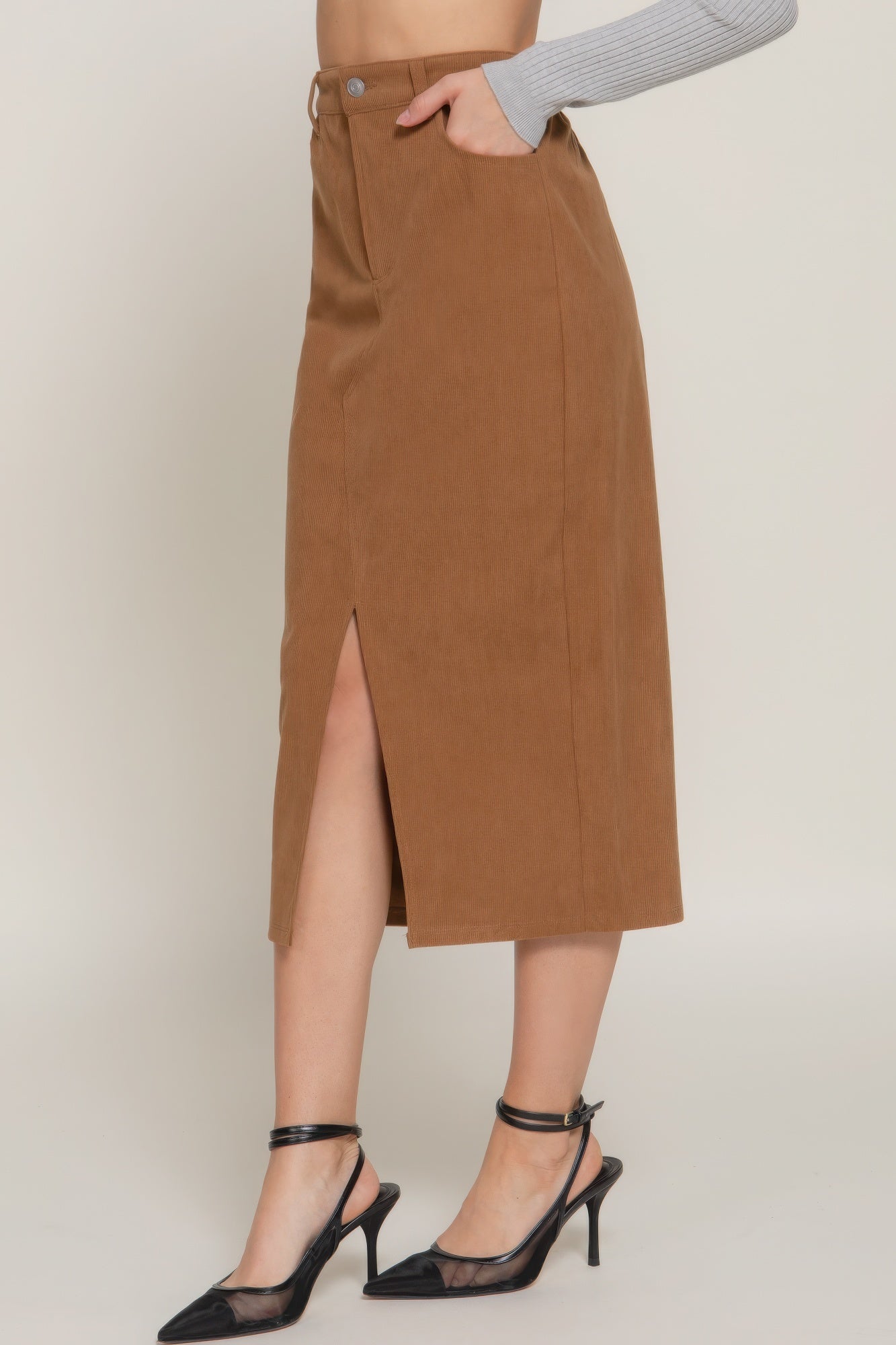 Front Open Slit Corduroy Midi Skirt - That Janis Style