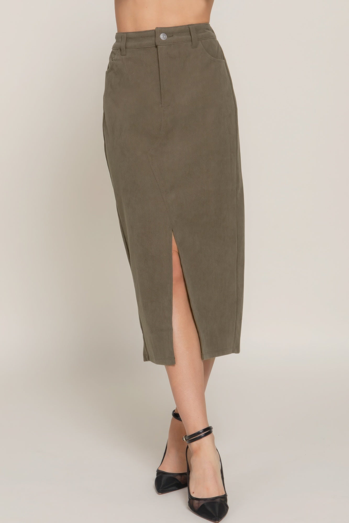Front Open Slit Corduroy Midi Skirt - That Janis Style