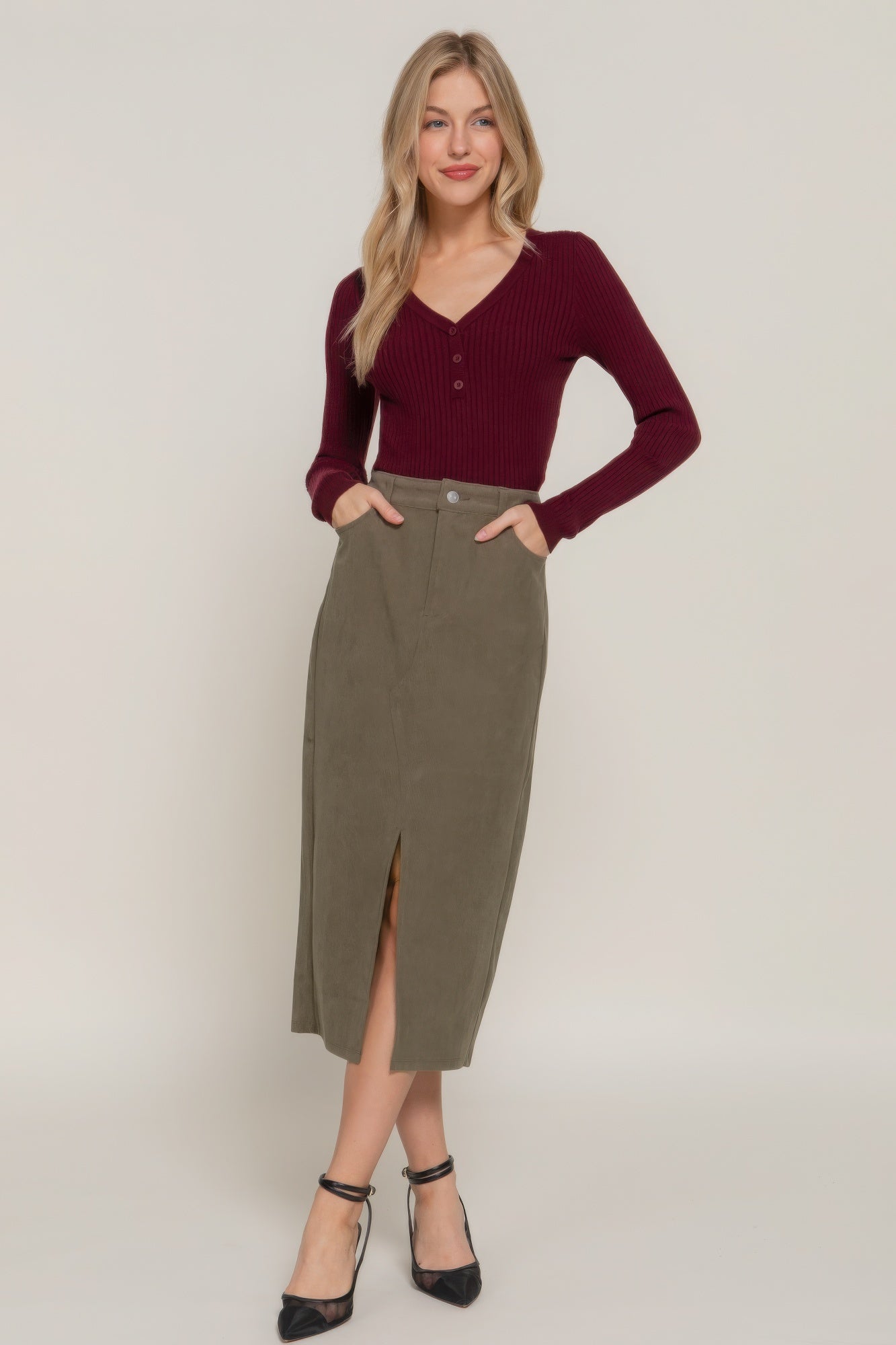 Front Open Slit Corduroy Midi Skirt - That Janis Style