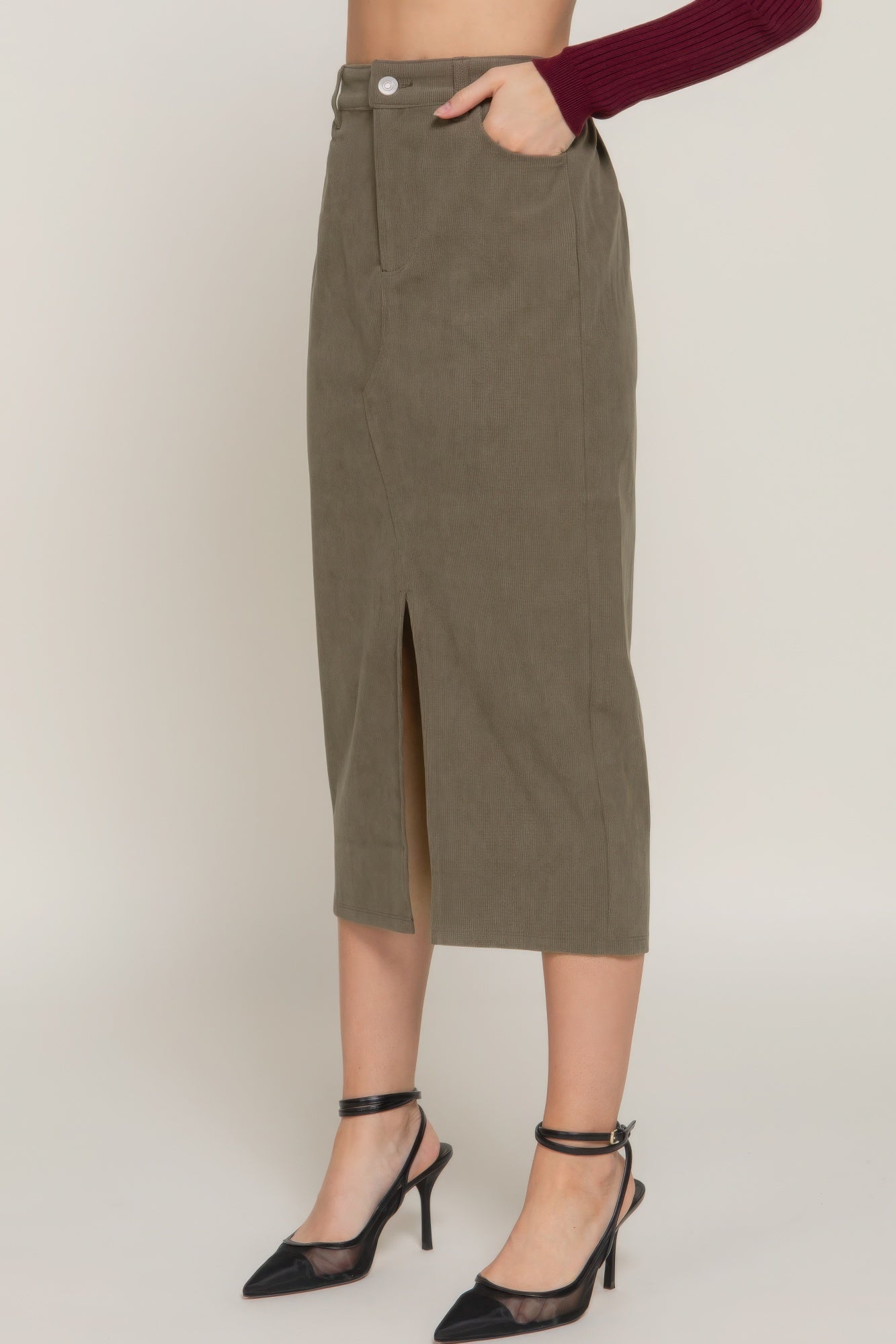 Front Open Slit Corduroy Midi Skirt - That Janis Style