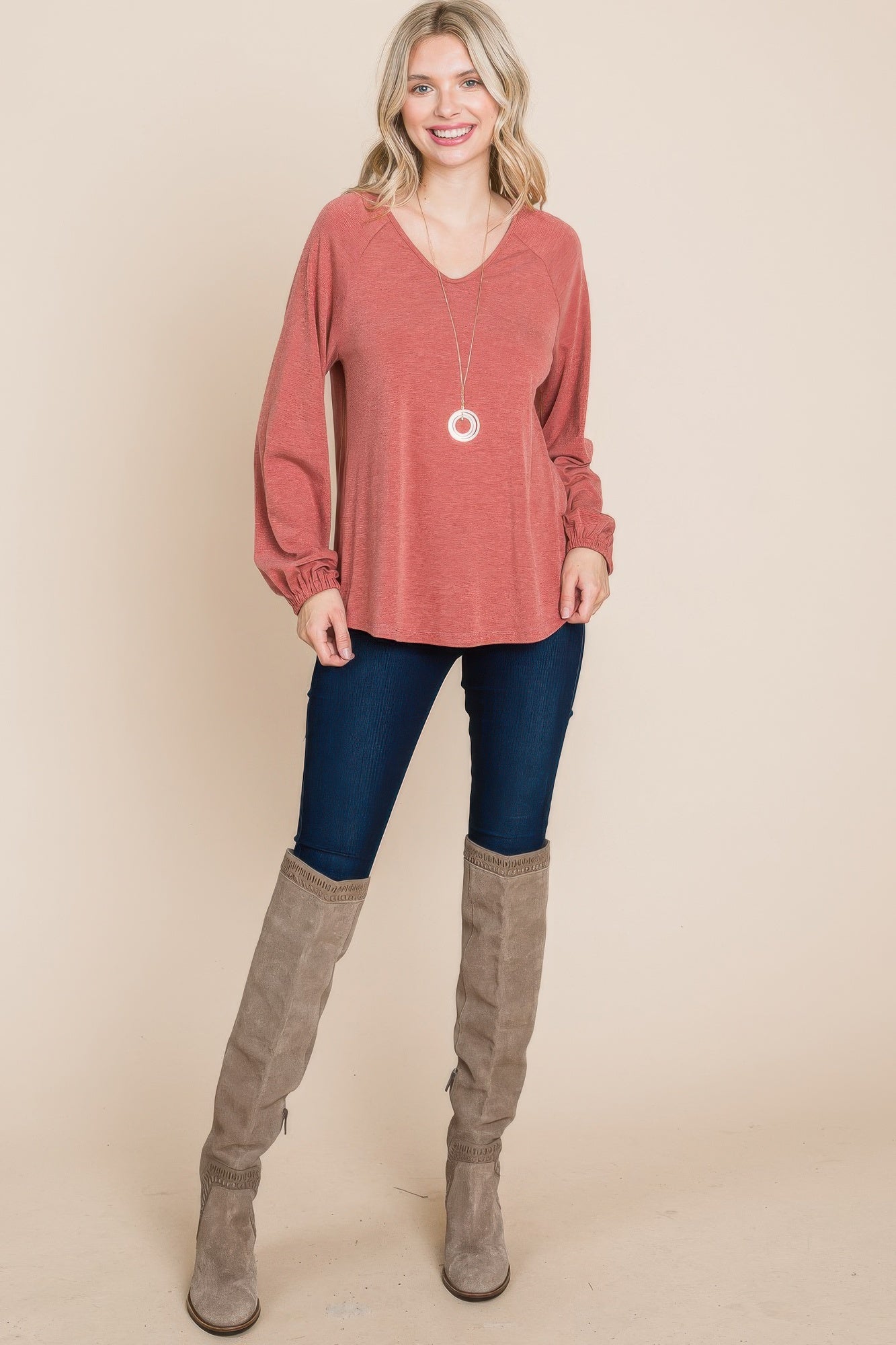 Casual V Neck Basic Long Sleeve Top - That Janis Style