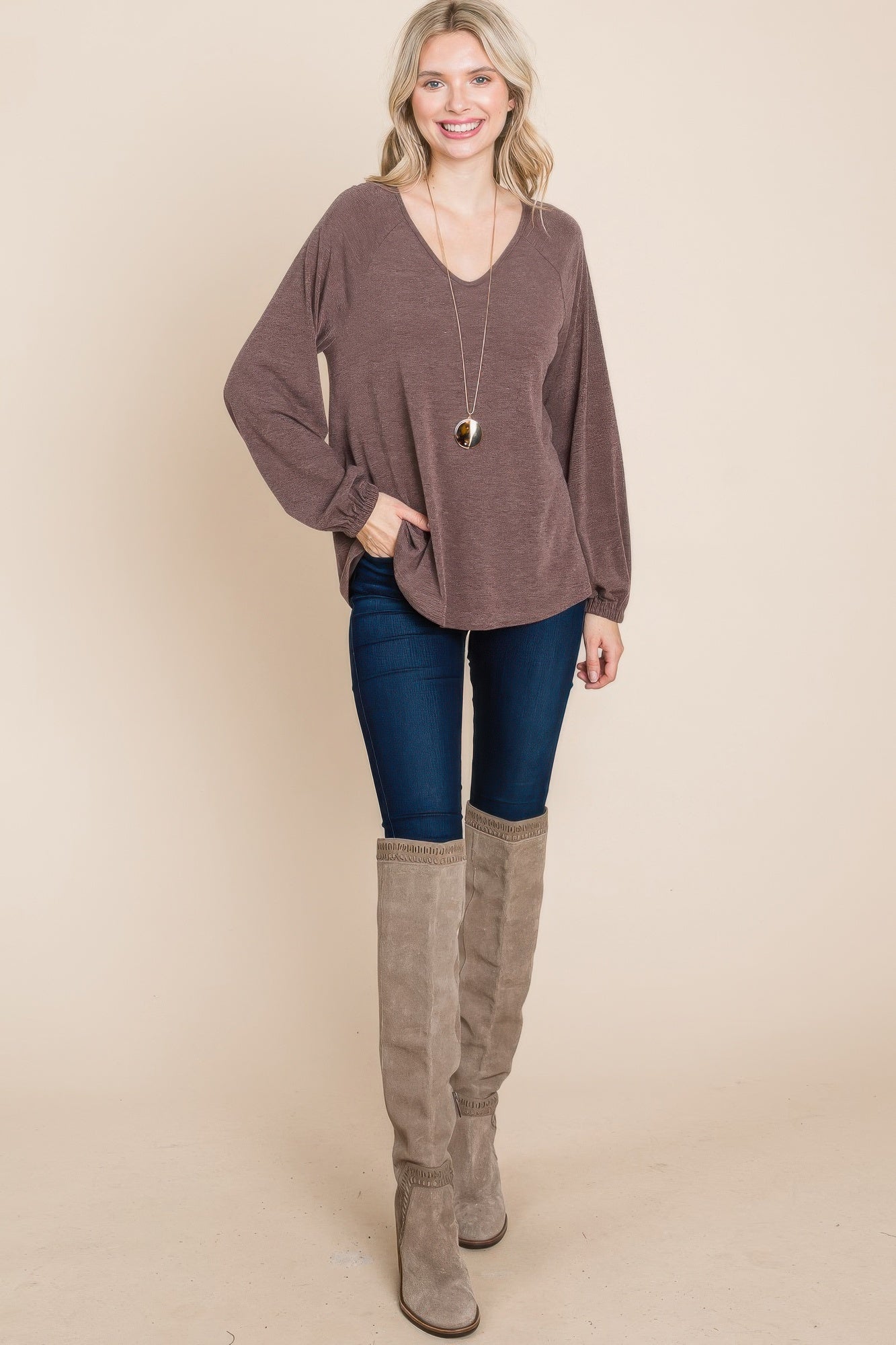 Casual V Neck Basic Long Sleeve Top - That Janis Style