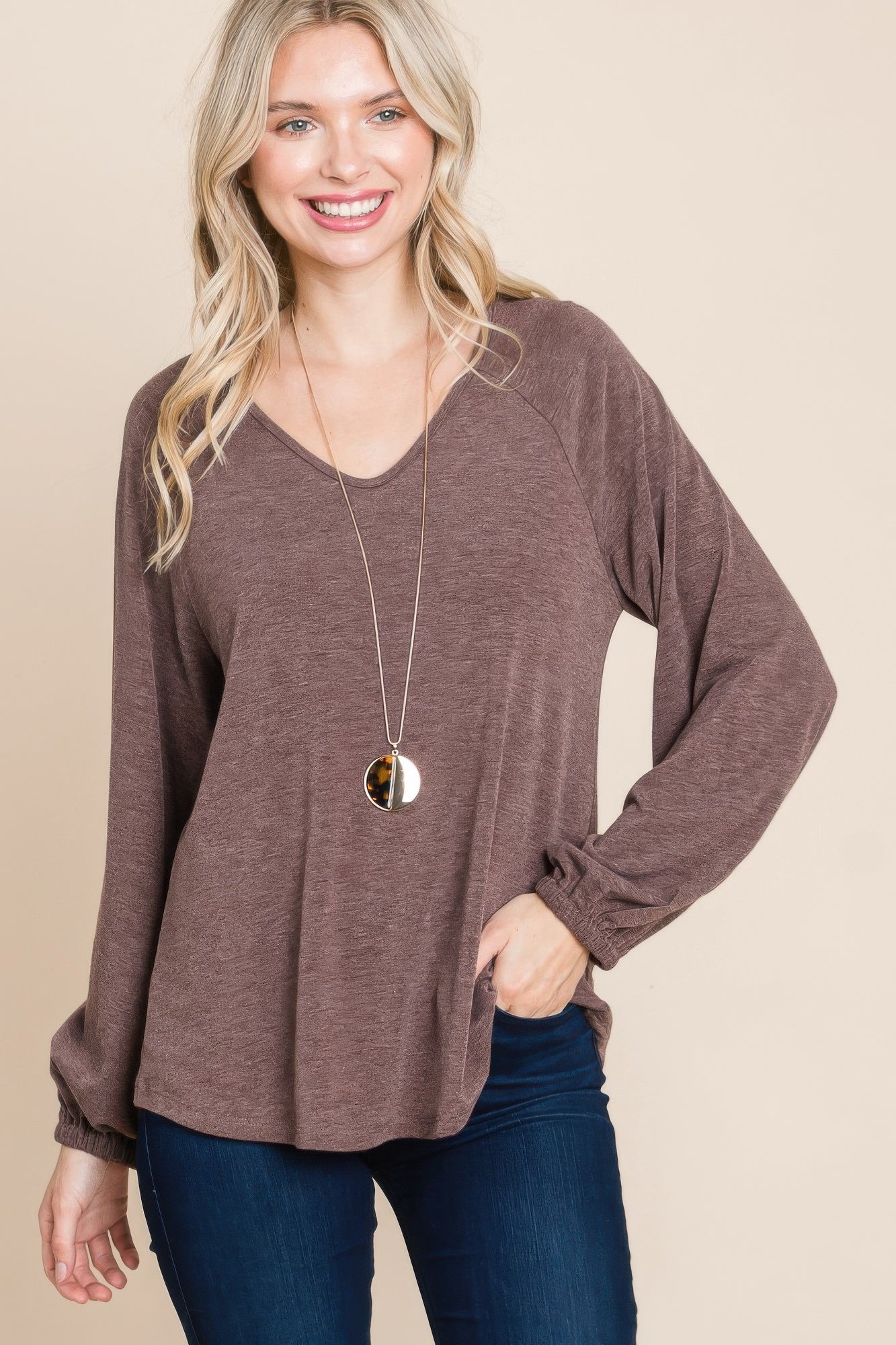 Casual V Neck Basic Long Sleeve Top - That Janis Style