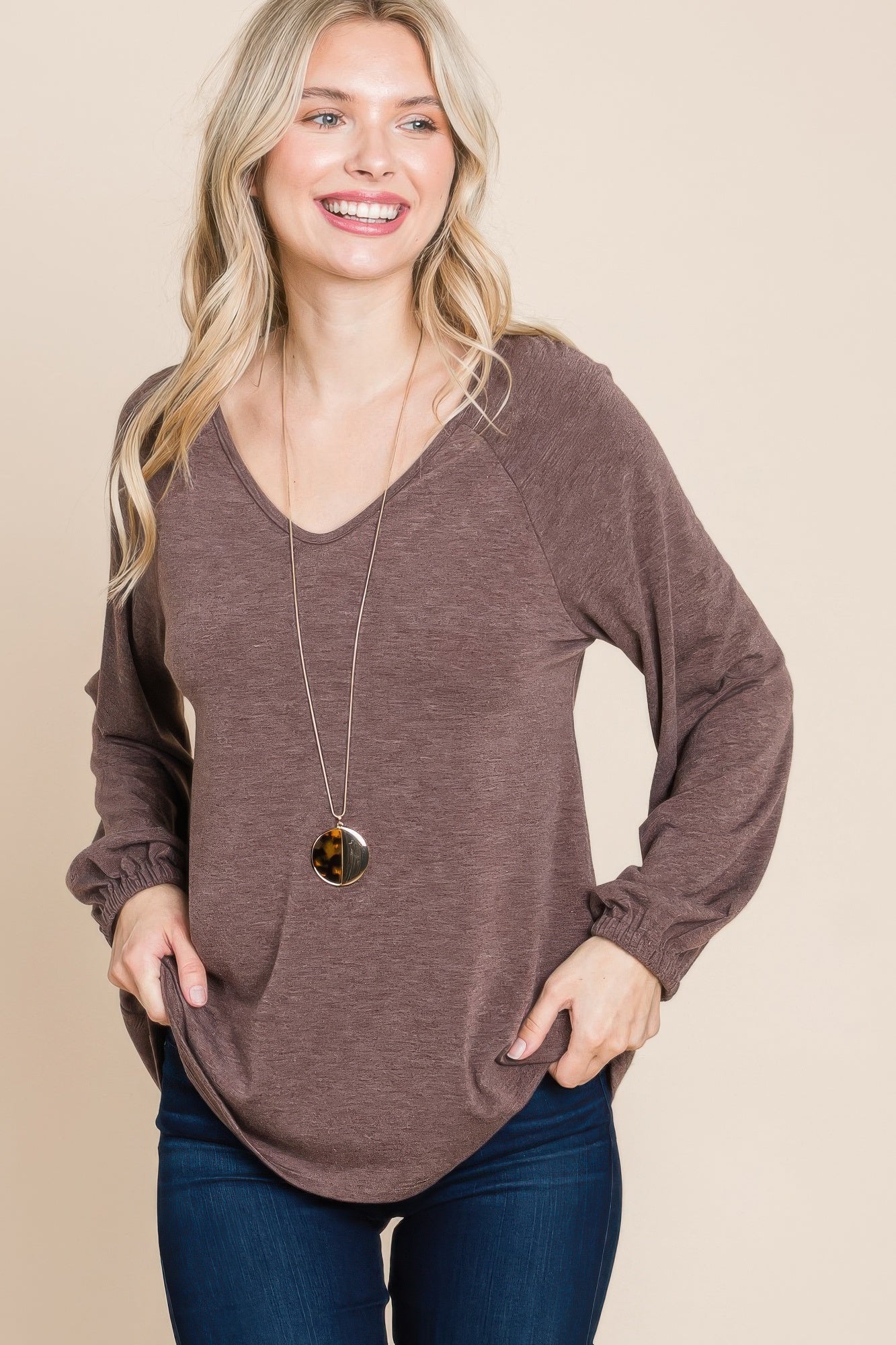 Casual V Neck Basic Long Sleeve Top - That Janis Style