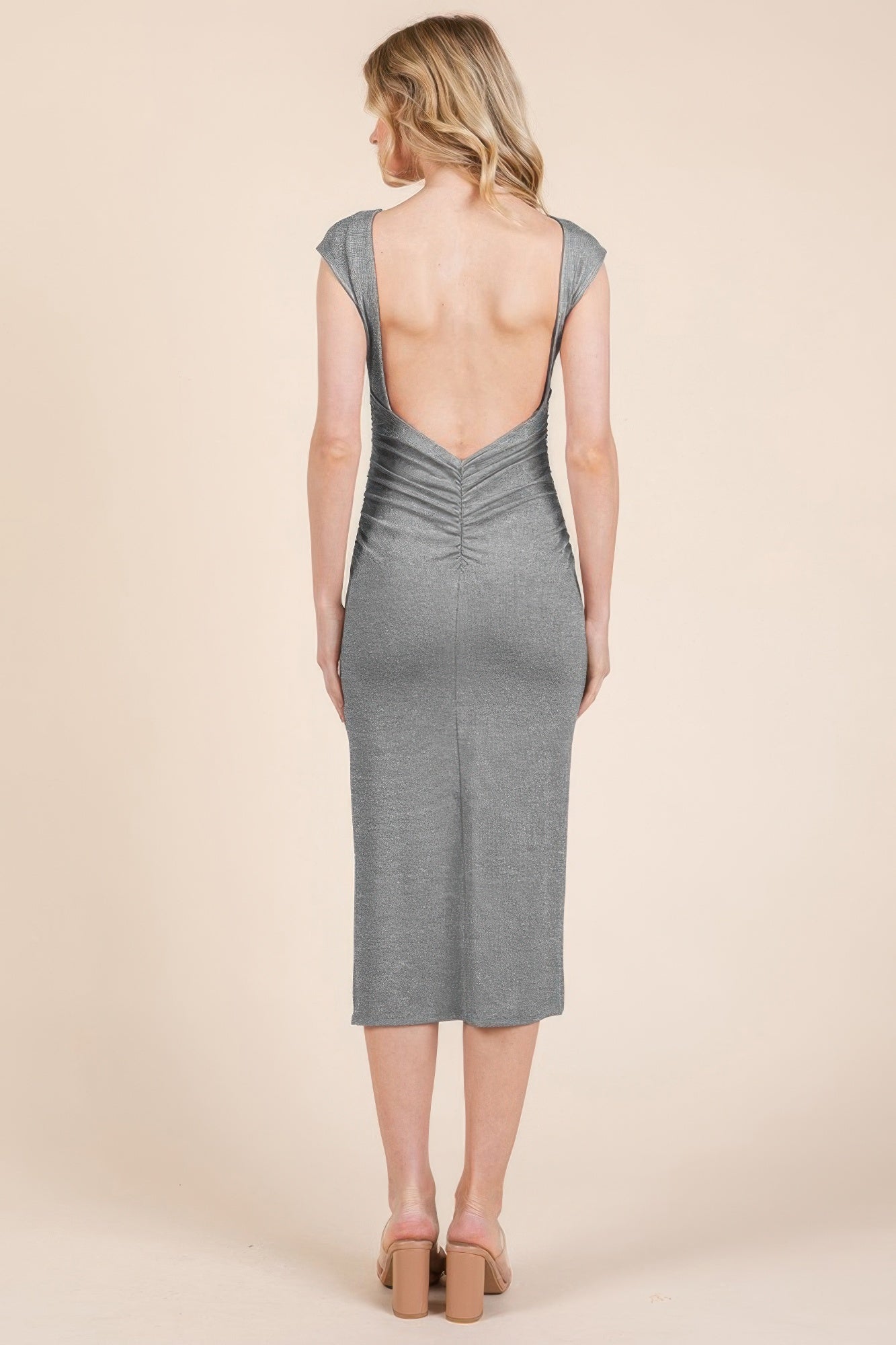 Cap Sleeve Boatneck Open Back Midi Dress - That Janis Style