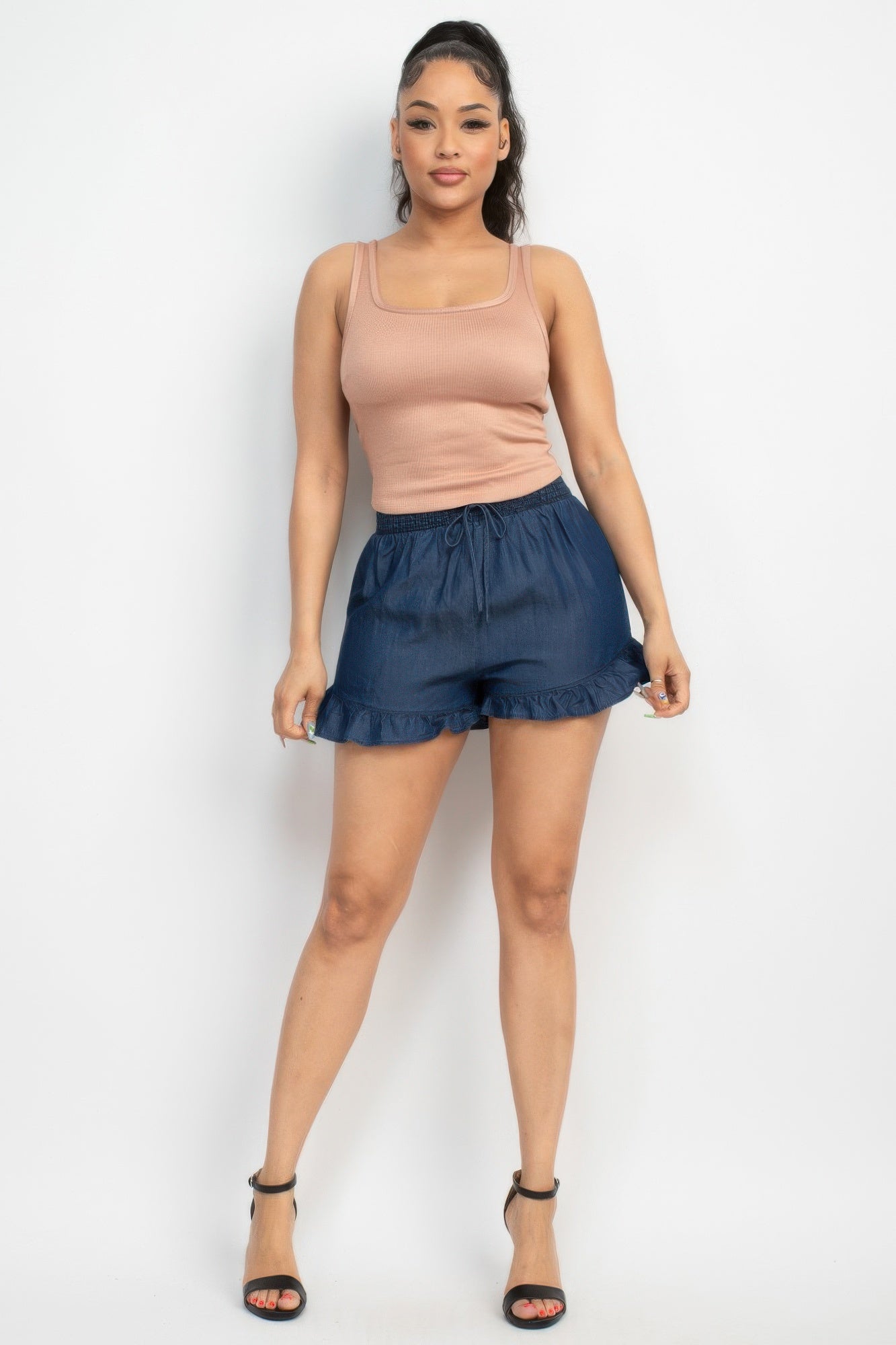 Smocked Waist Ruffled Denim Shorts - That Janis Style