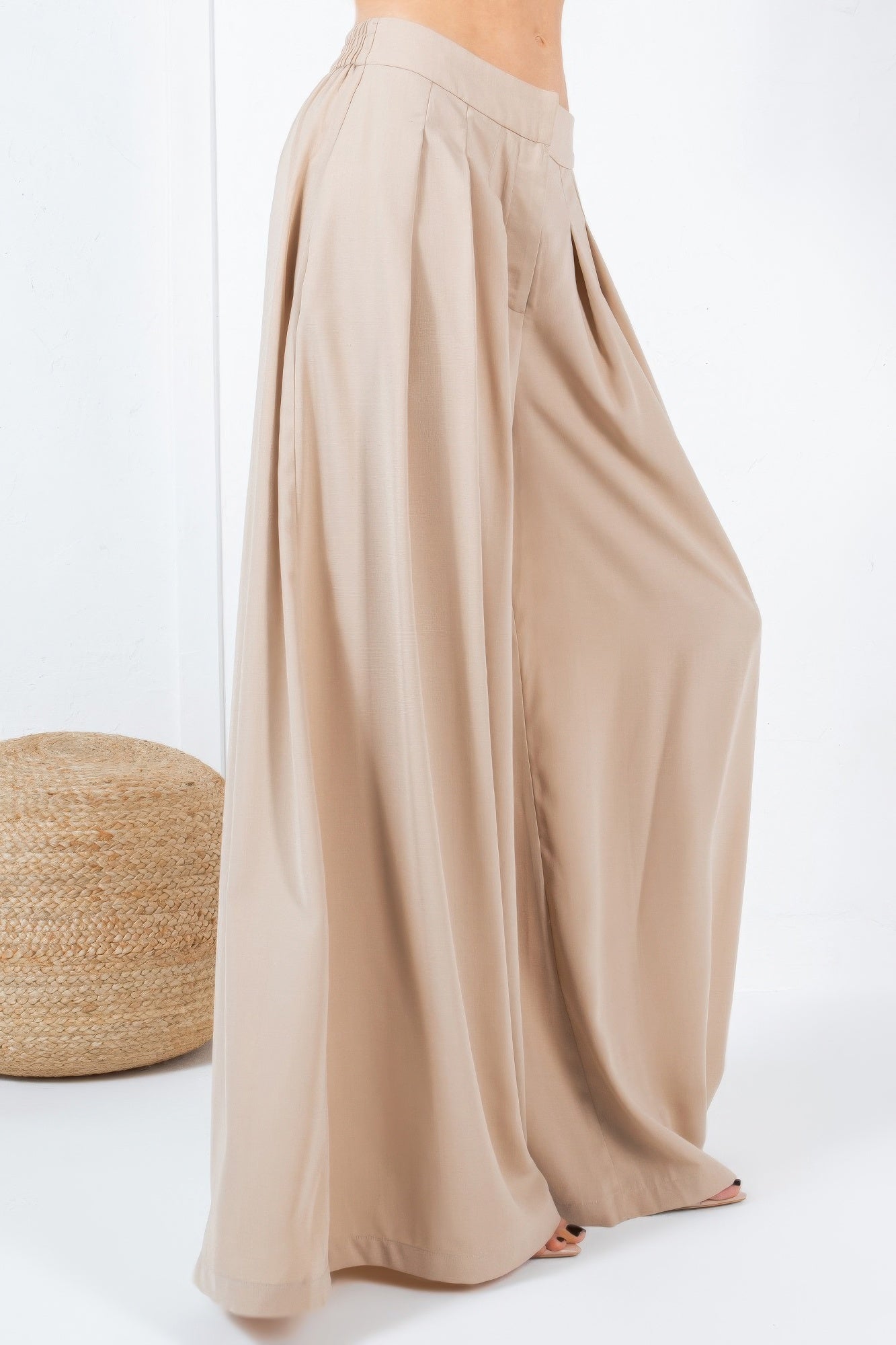 Large Hem Wide Leg Pleated Solid Pants - That Janis Style
