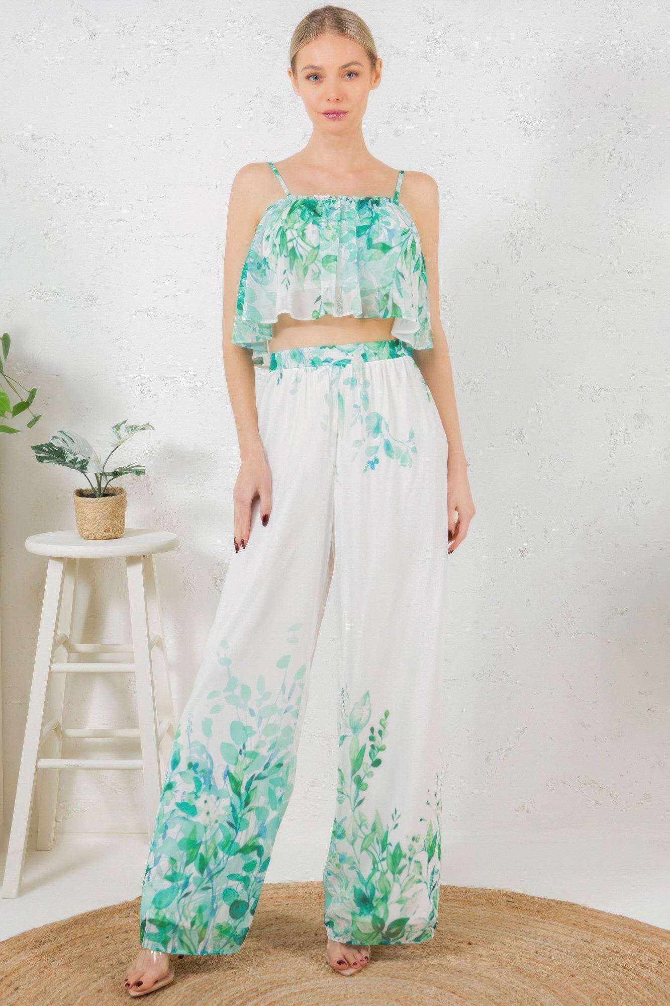 Printed Crop Top & Wide Leg Long Pants Set - That Janis Style