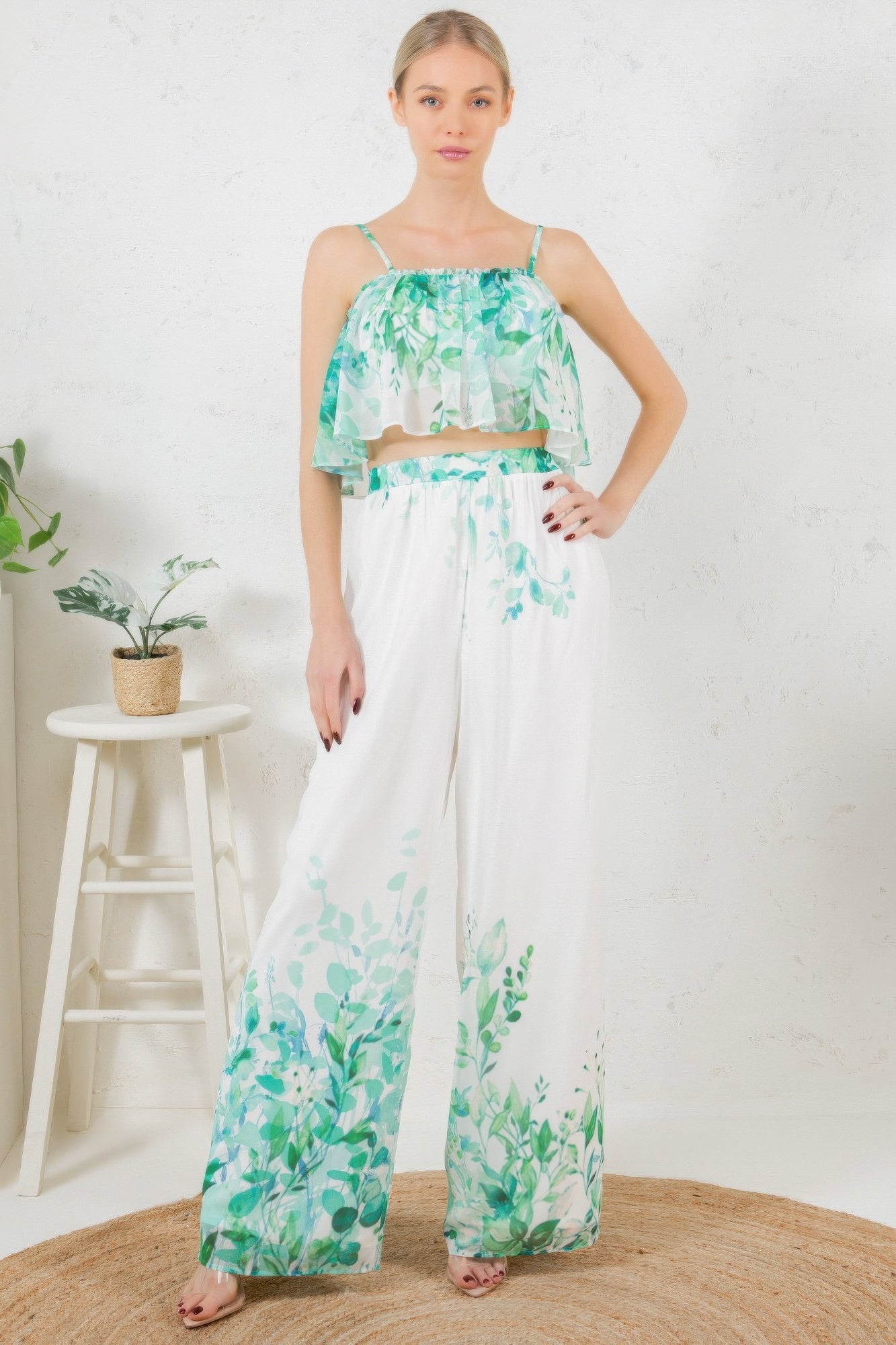 Printed Crop Top & Wide Leg Long Pants Set - That Janis Style