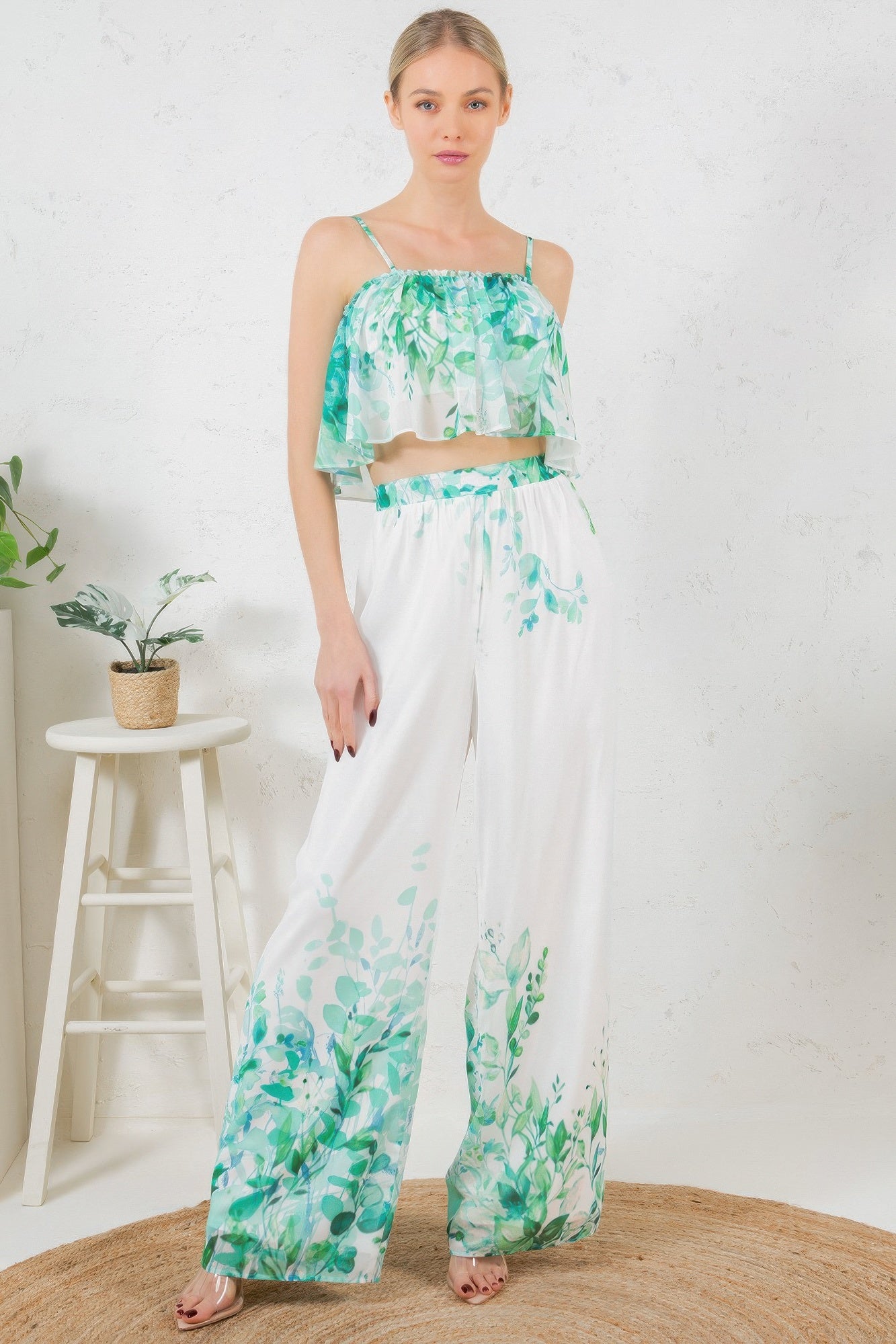 Printed Crop Top & Wide Leg Long Pants Set - That Janis Style
