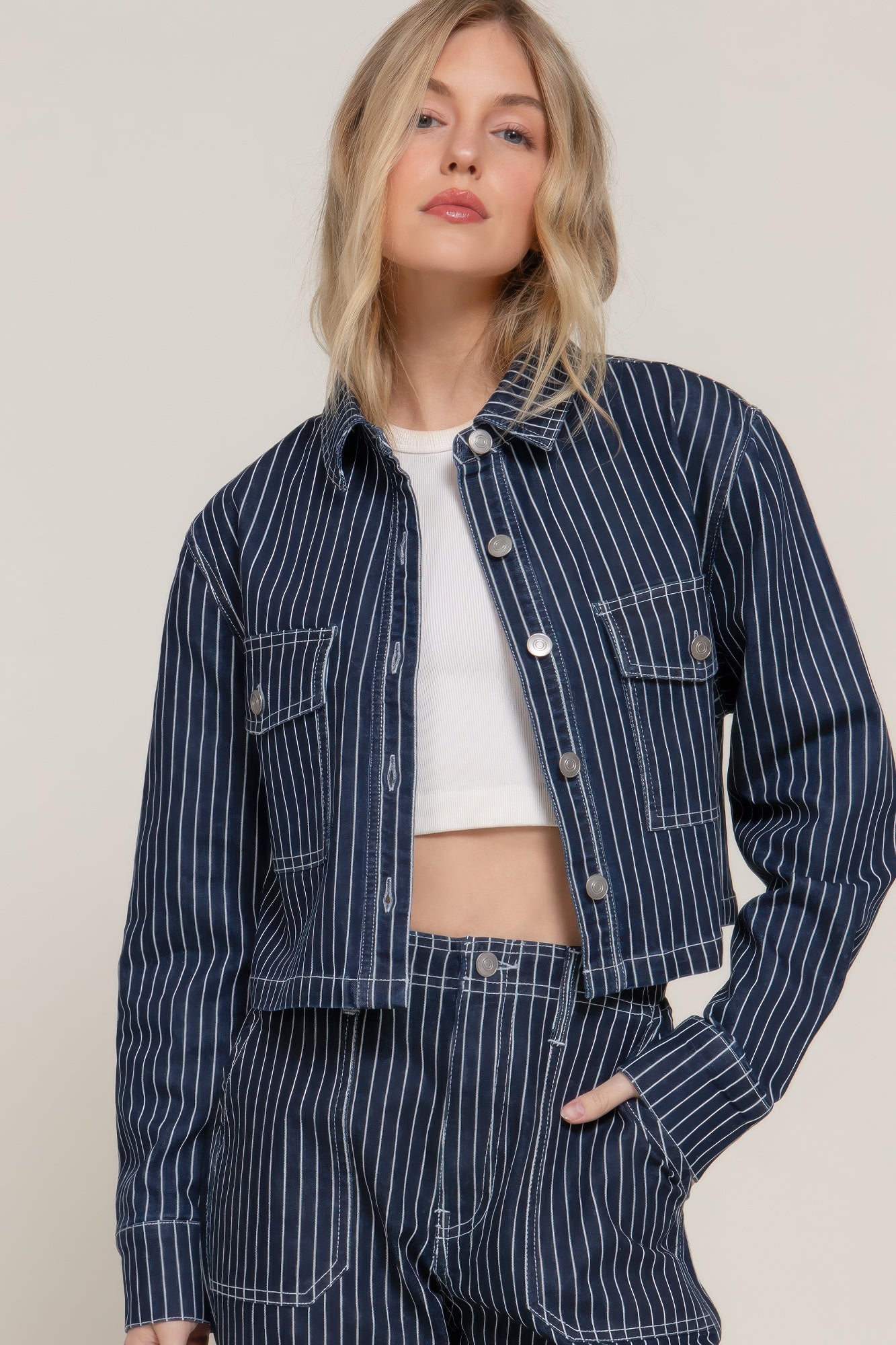 Button Down Stripe Denim Short Jacket - That Janis Style