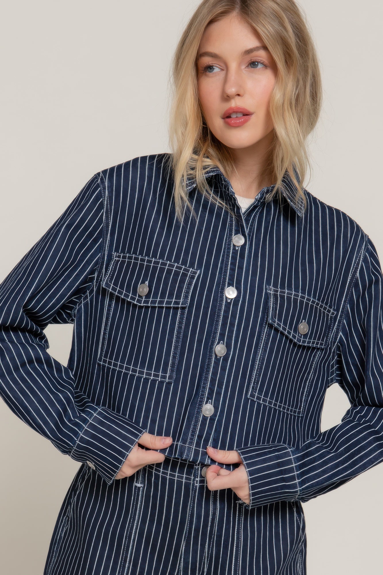 Button Down Stripe Denim Short Jacket - That Janis Style