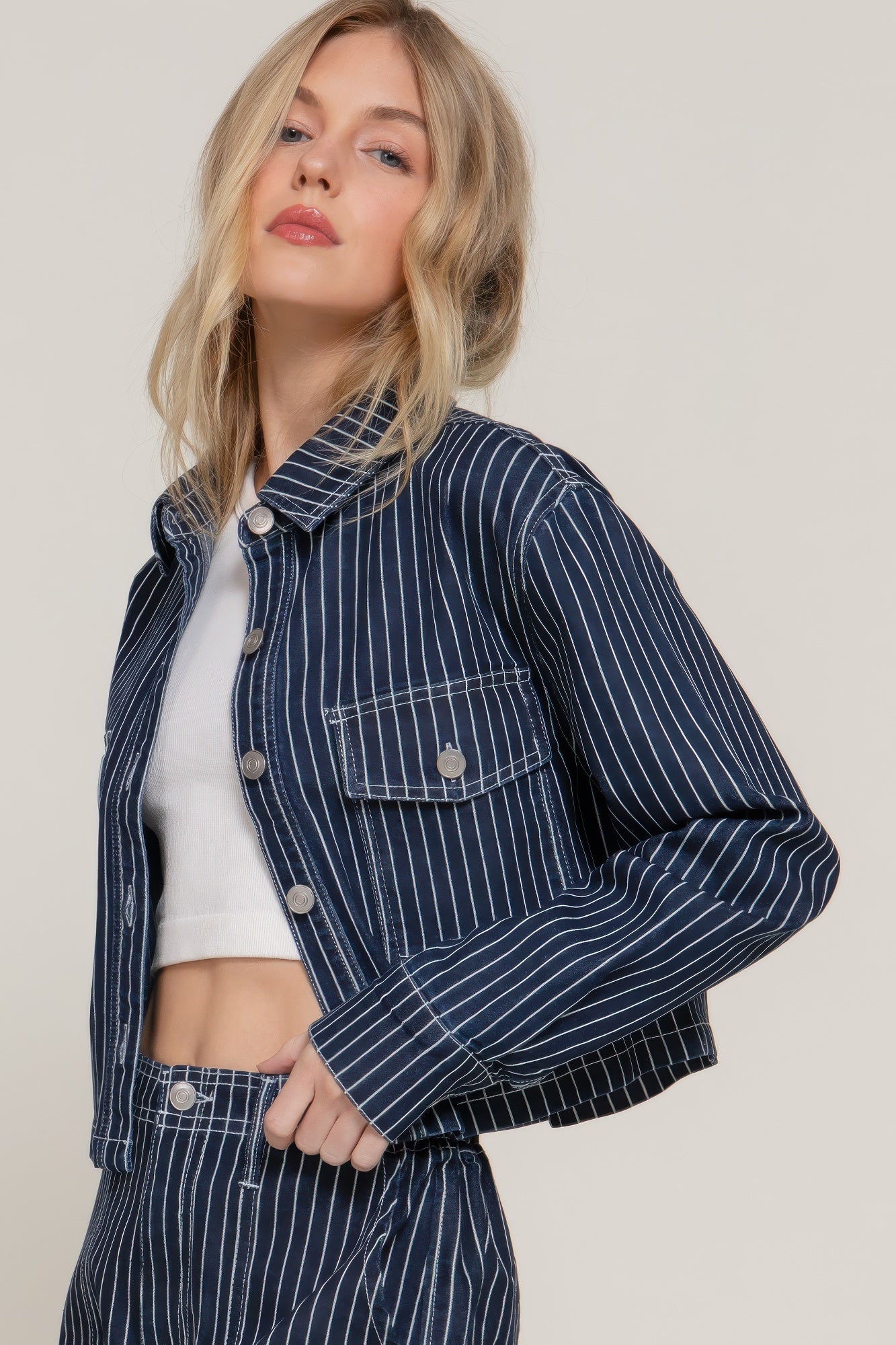 Button Down Stripe Denim Short Jacket - That Janis Style