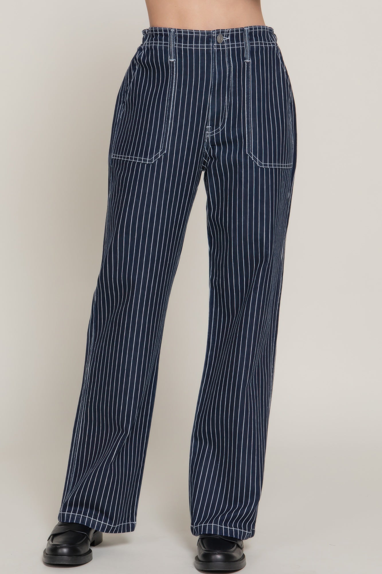 Stripe Stretch Denim Straight Pants - That Janis Style