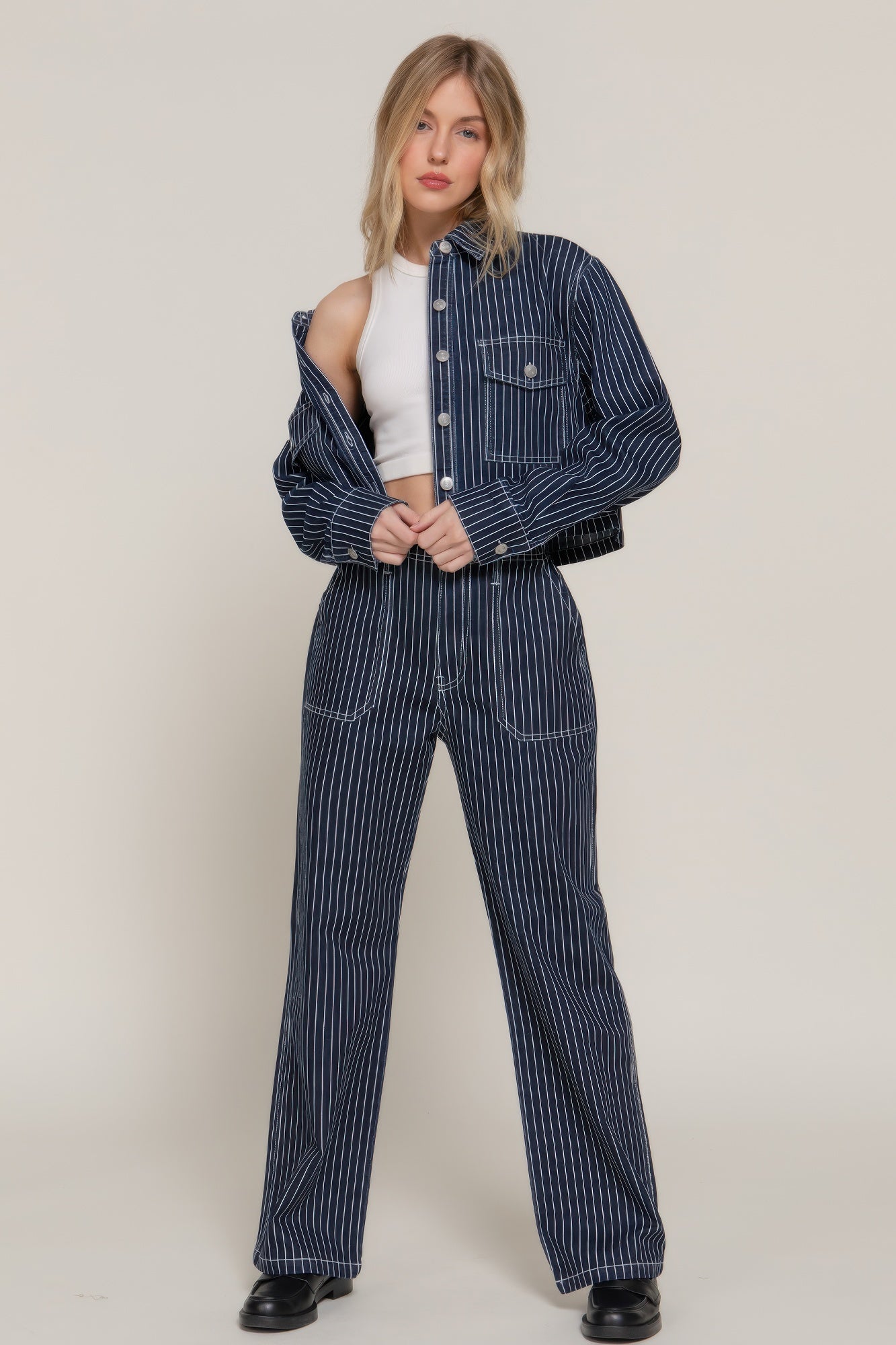 Stripe Stretch Denim Straight Pants - That Janis Style
