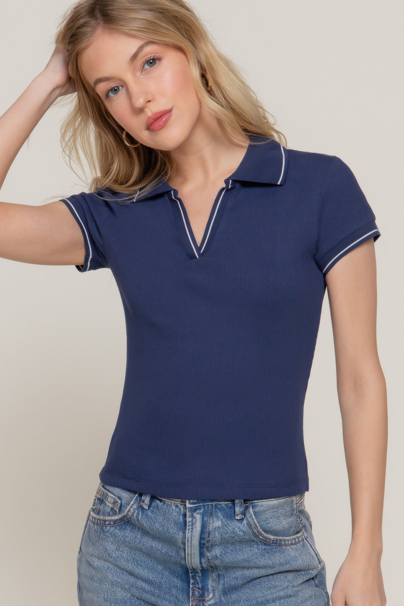 Short Slv Line Detail Polo Rib Knit Top - That Janis Style