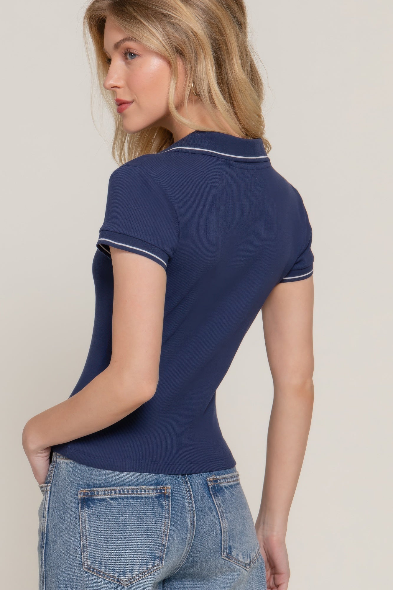 Short Slv Line Detail Polo Rib Knit Top - That Janis Style