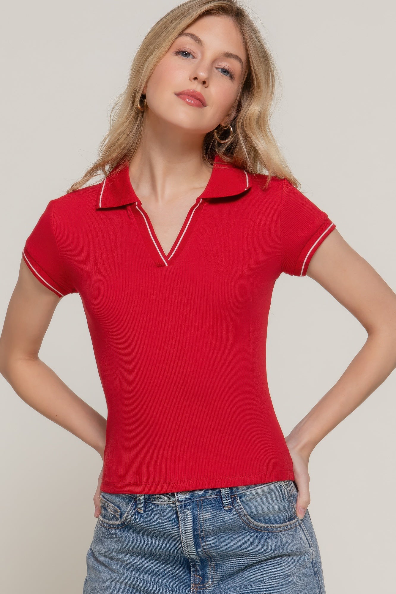 Short Slv Line Detail Polo Rib Knit Top - That Janis Style