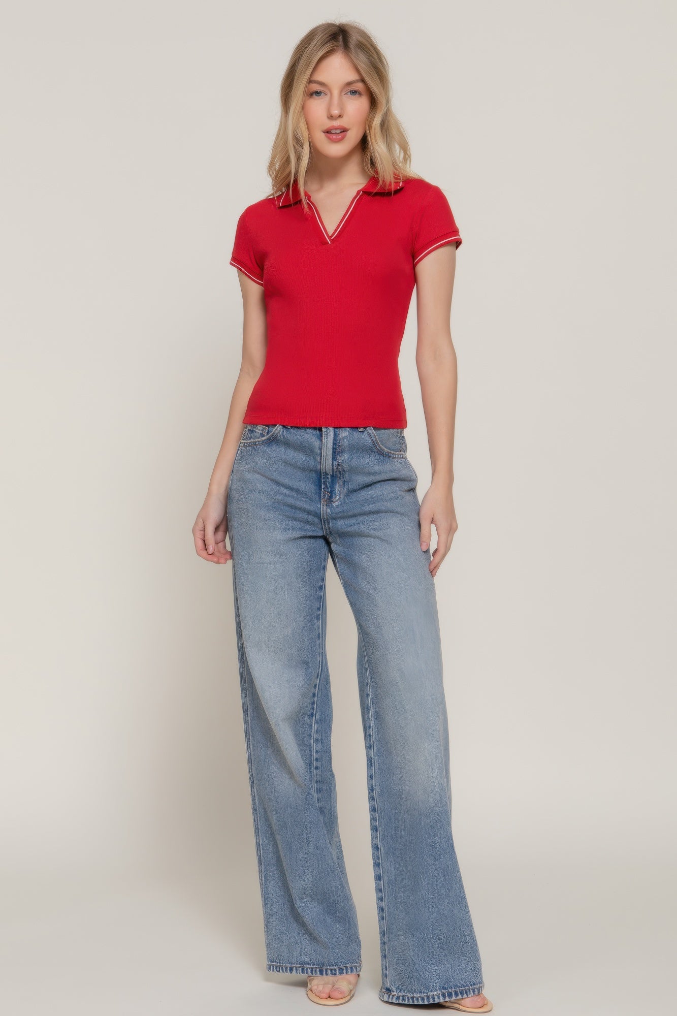 Short Slv Line Detail Polo Rib Knit Top - That Janis Style