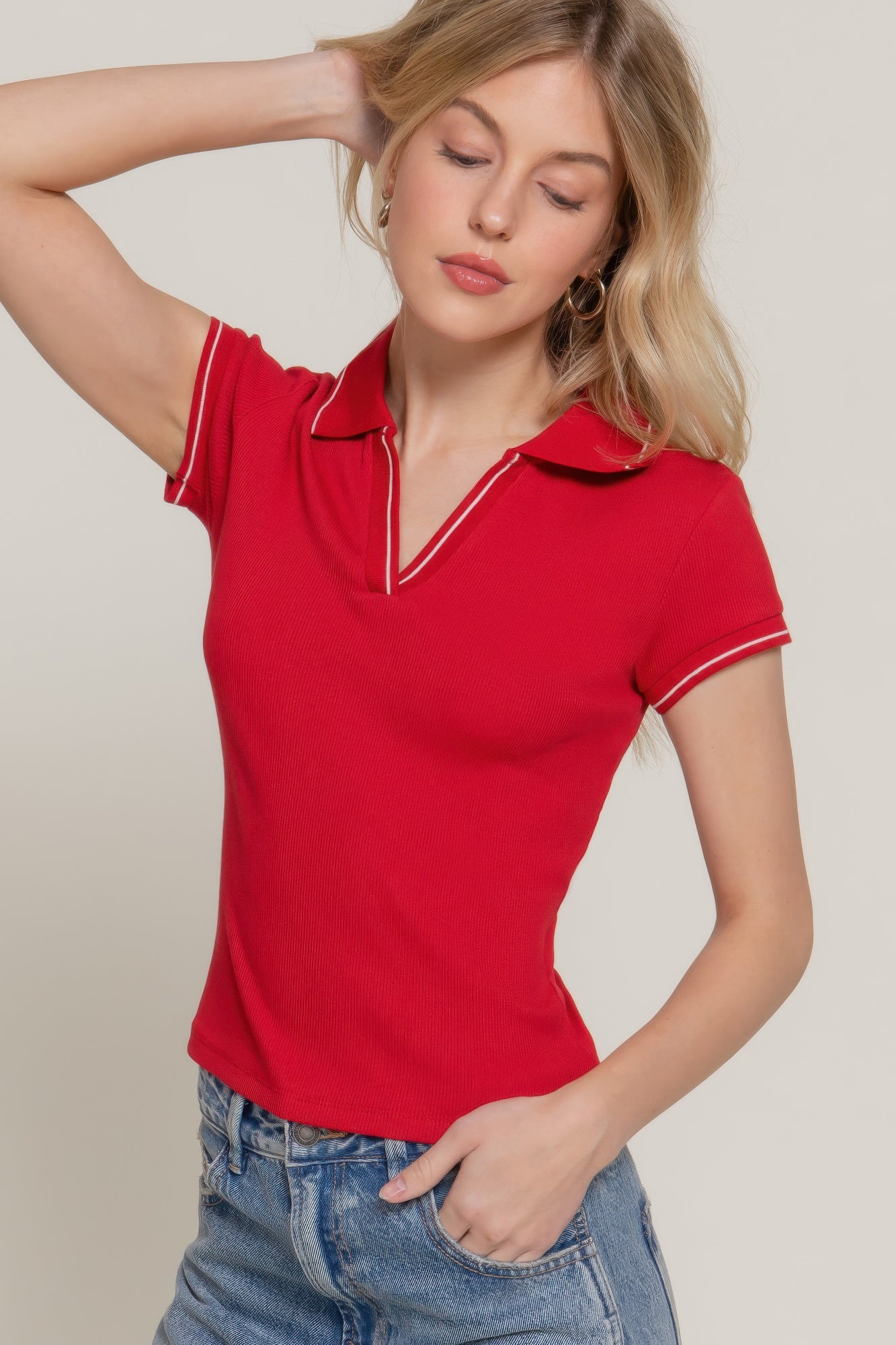 Short Slv Line Detail Polo Rib Knit Top - That Janis Style