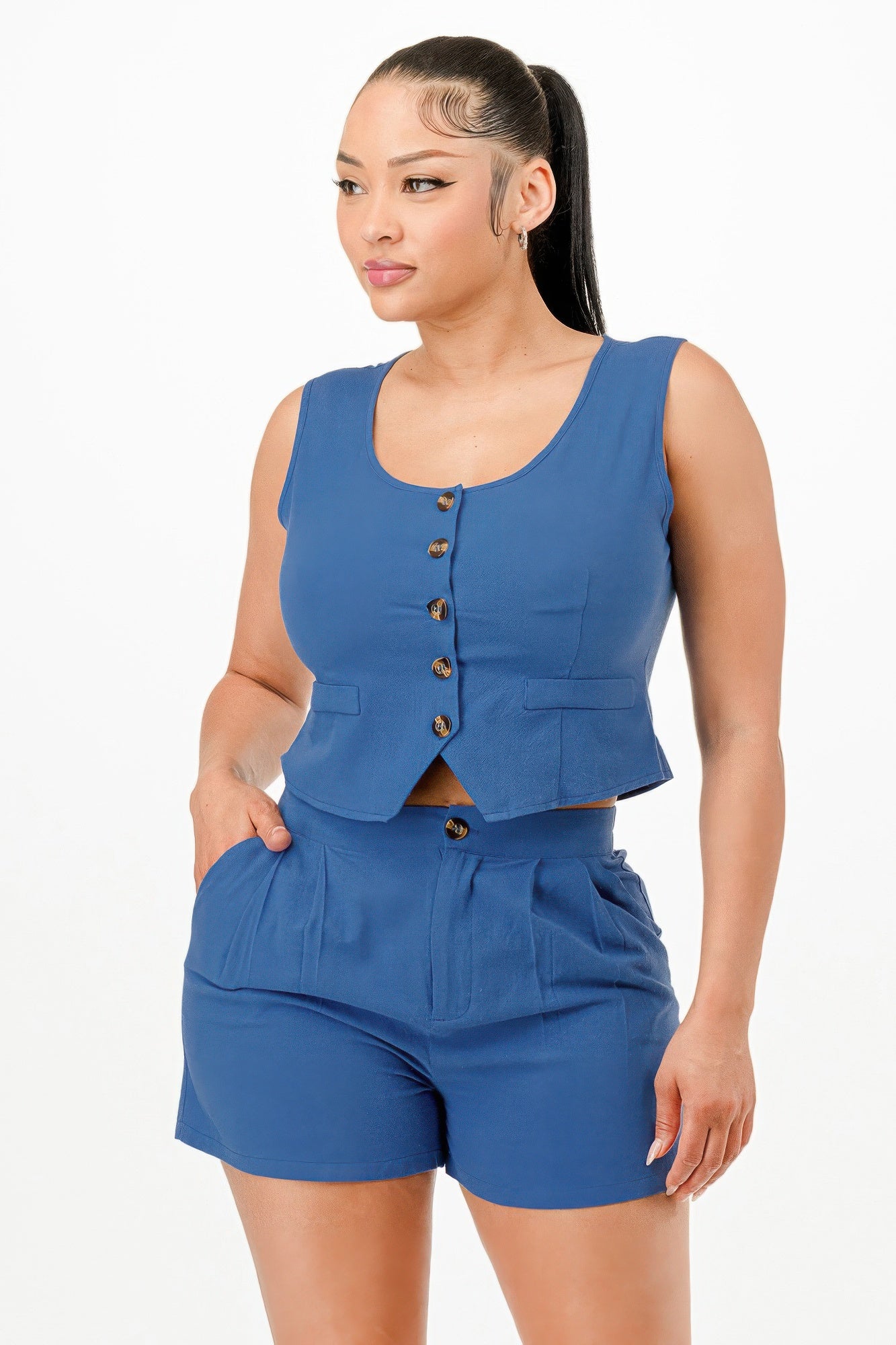 Casual Cropped Vest And Short Set - That Janis Style