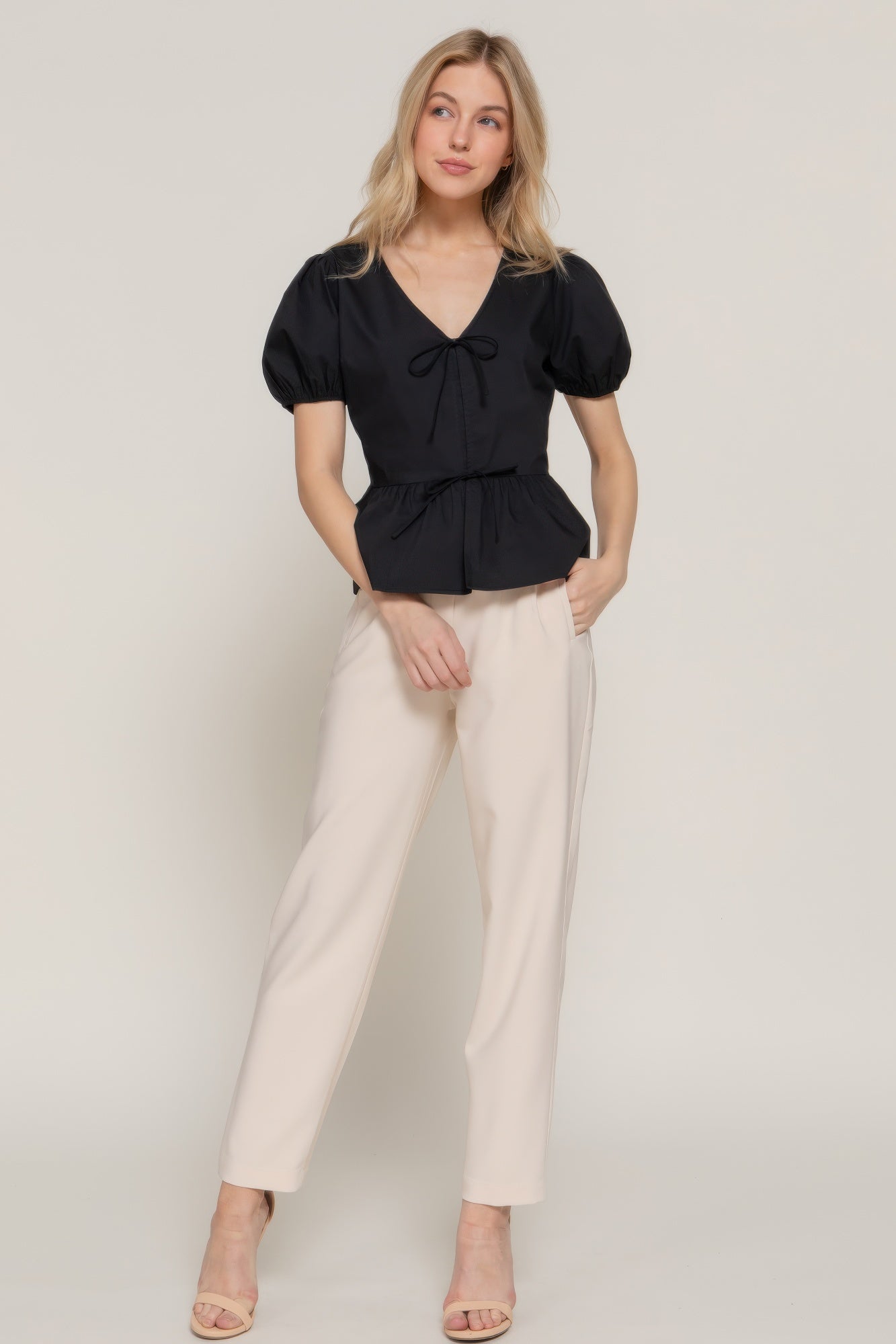 Short Puff Slv Tied Popline Top - That Janis Style