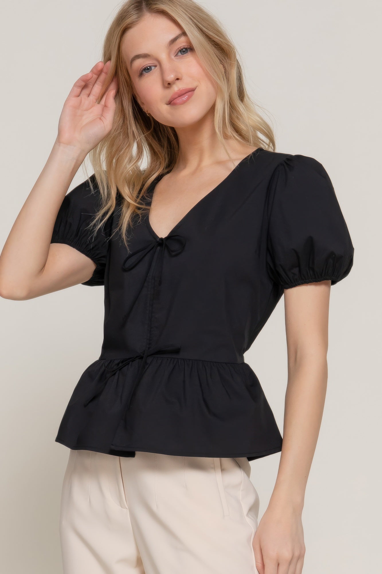 Short Puff Slv Tied Popline Top - That Janis Style