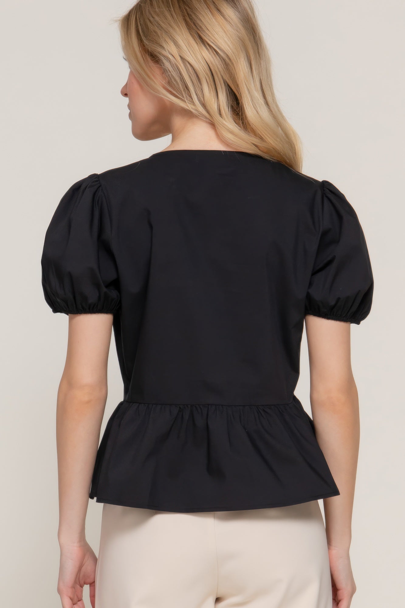 Short Puff Slv Tied Popline Top - That Janis Style