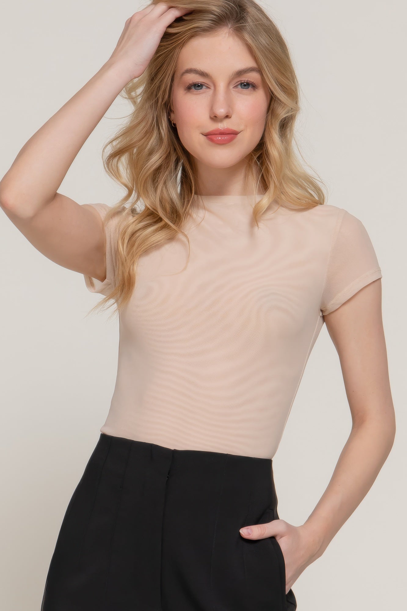 Short Cap Slv High Neck 2 Ply Mesh Top - That Janis Style