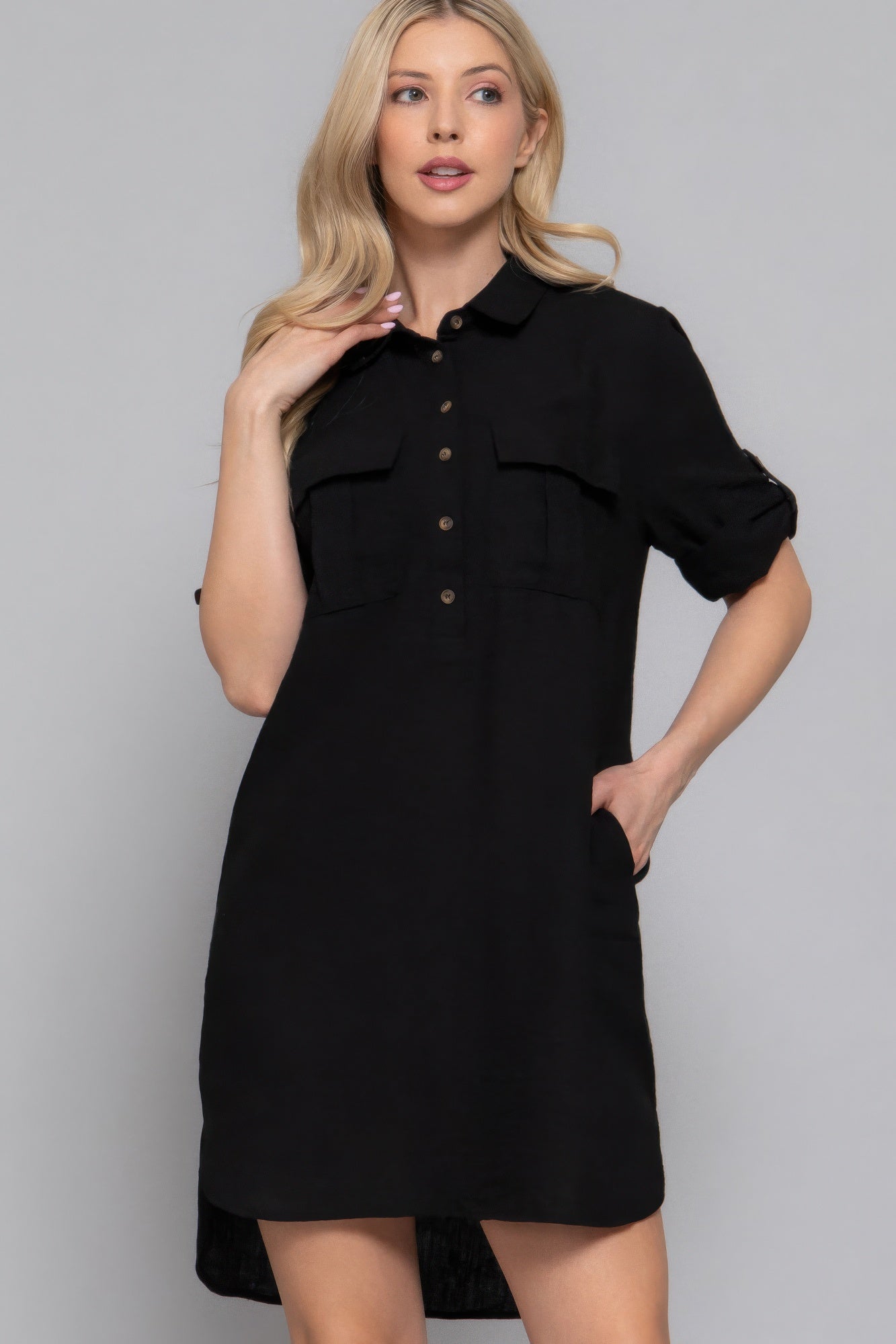 Roll Up Short Slv Straight Linen Effect Mini Dress - That Janis Style