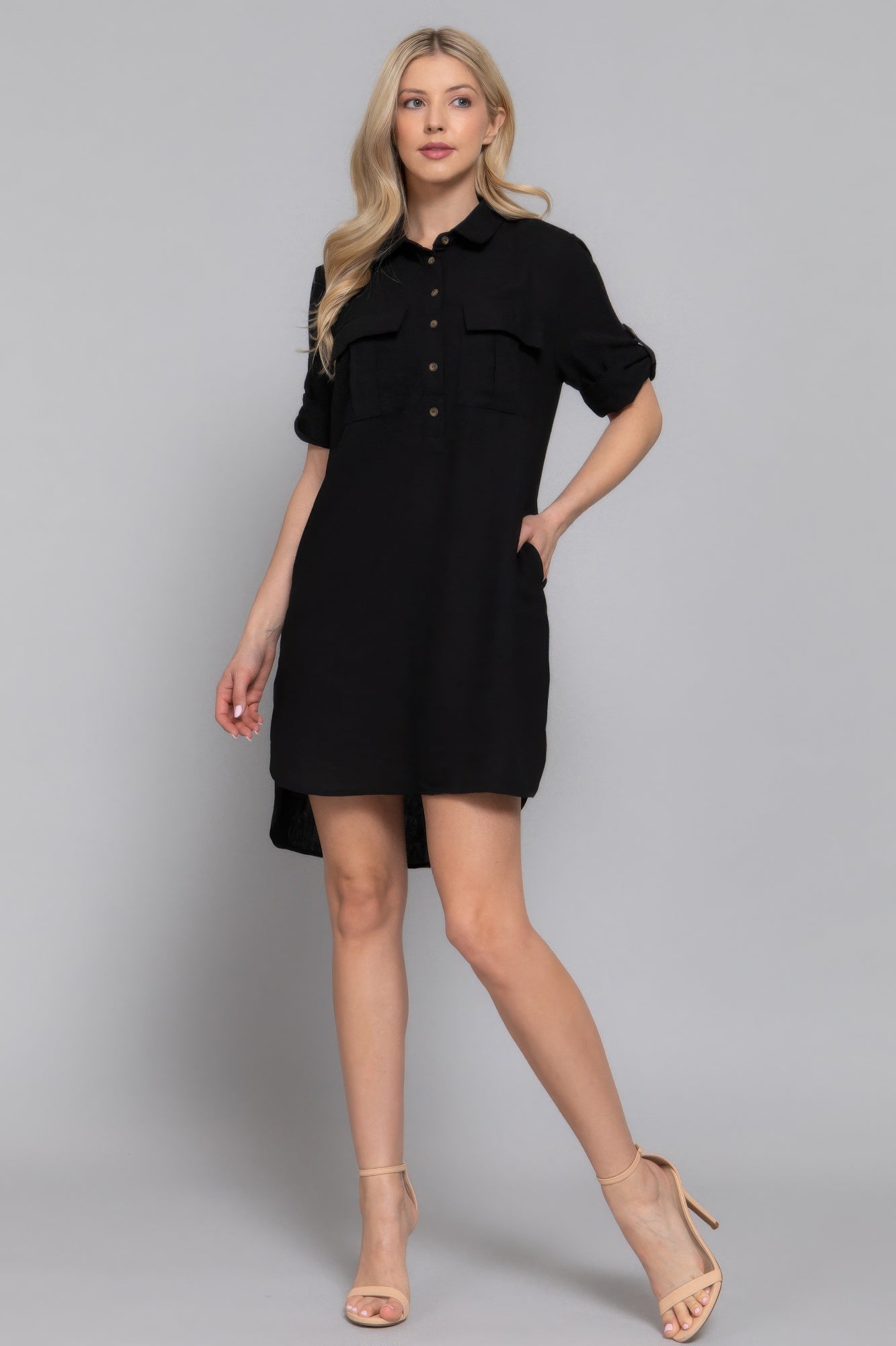 Roll Up Short Slv Straight Linen Effect Mini Dress - That Janis Style