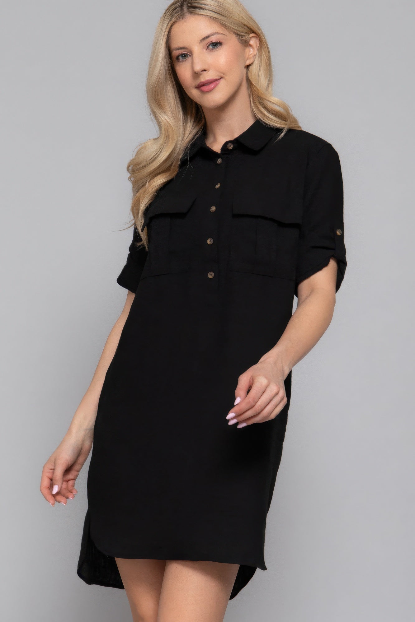 Roll Up Short Slv Straight Linen Effect Mini Dress - That Janis Style