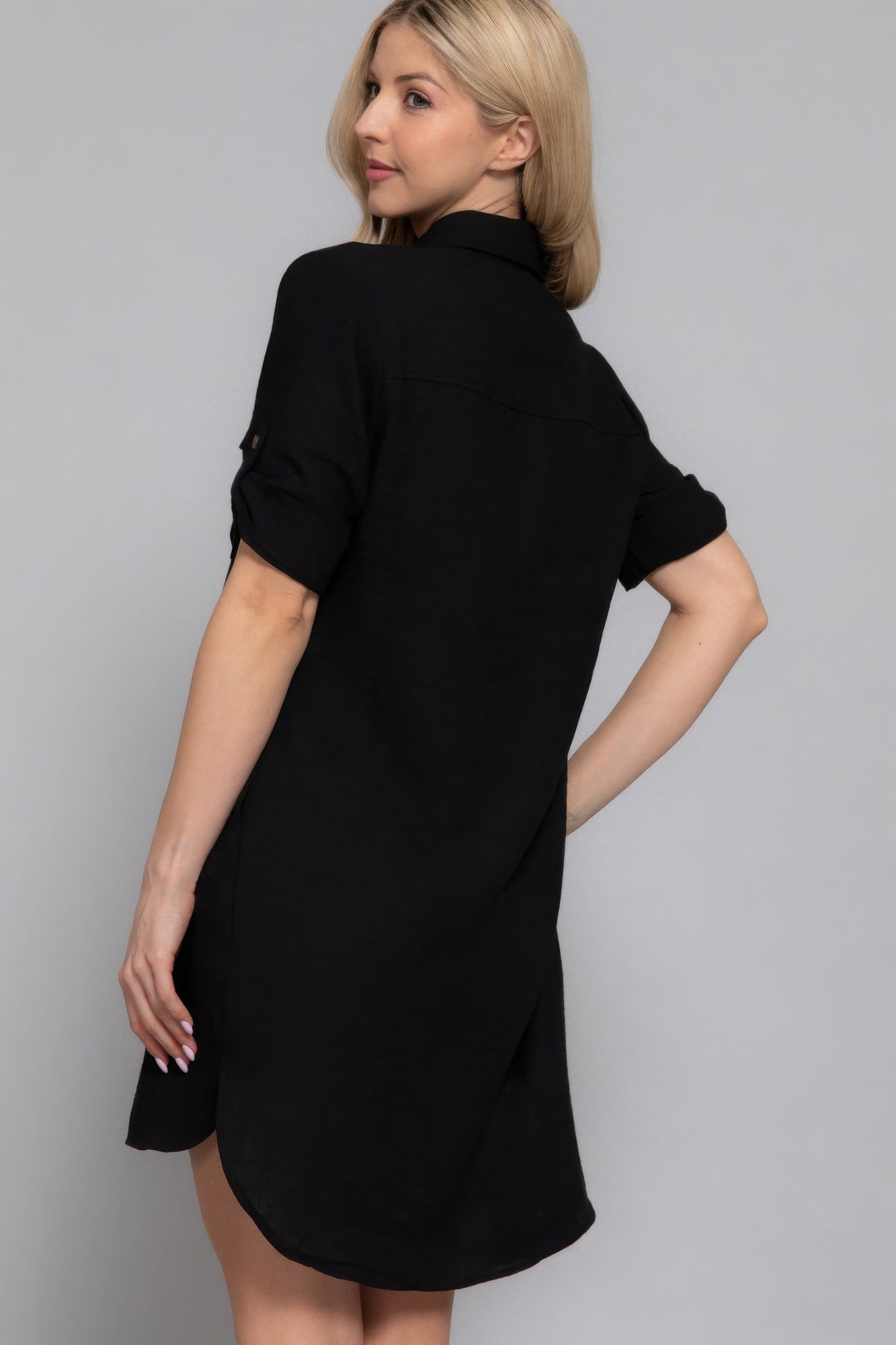 Roll Up Short Slv Straight Linen Effect Mini Dress - That Janis Style