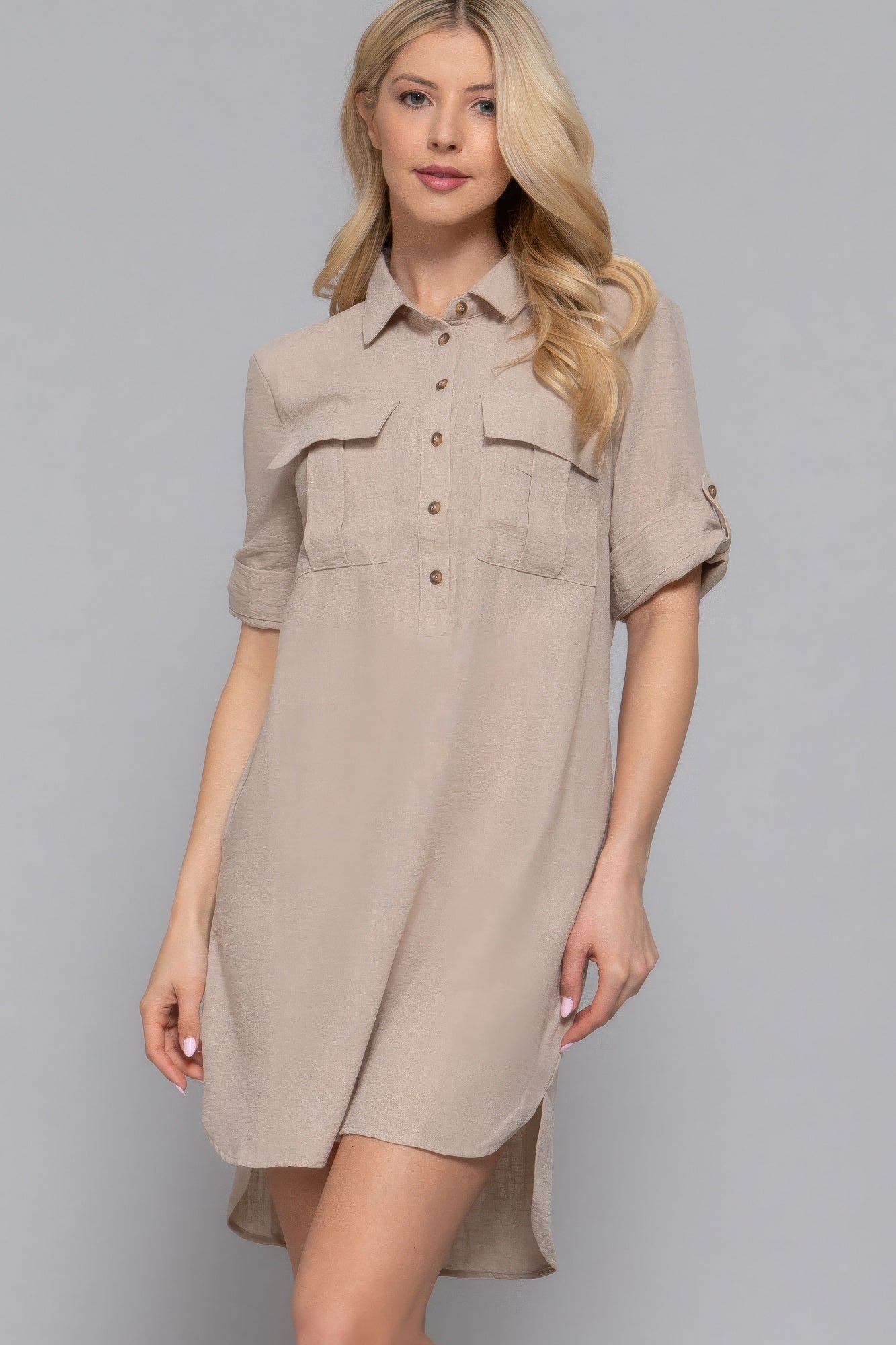 Roll Up Short Slv Straight Linen Effect Mini Dress - That Janis Style