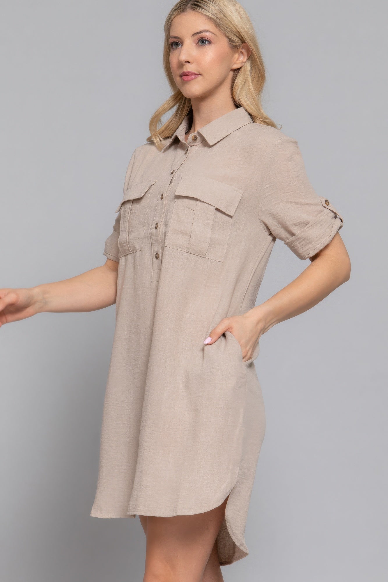 Roll Up Short Slv Straight Linen Effect Mini Dress - That Janis Style