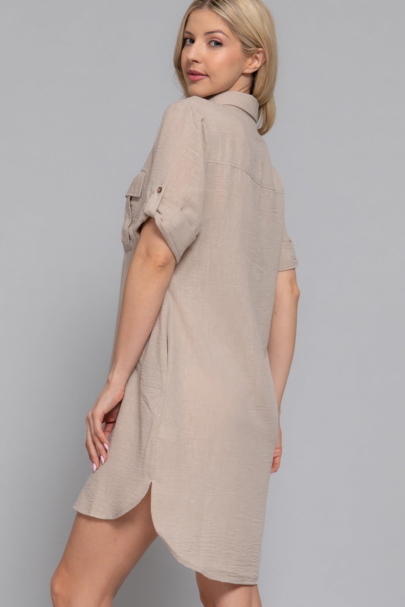 Roll Up Short Slv Straight Linen Effect Mini Dress - That Janis Style