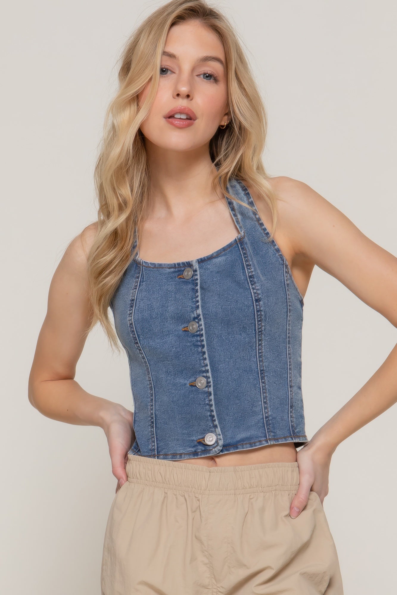 Button Down Stretch Denim Halter Top - That Janis Style