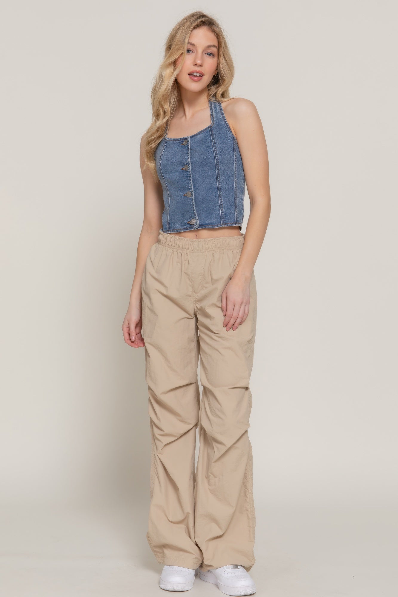 Button Down Stretch Denim Halter Top - That Janis Style