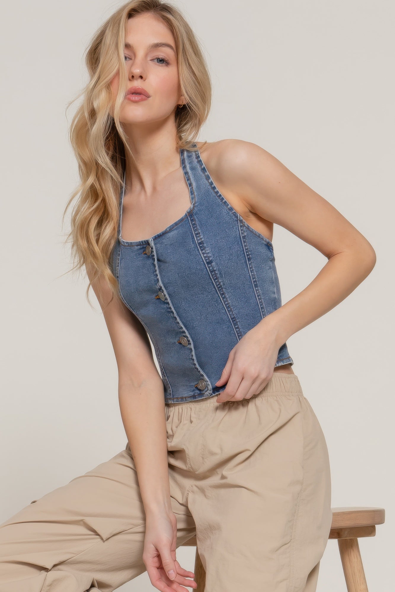 Button Down Stretch Denim Halter Top - That Janis Style