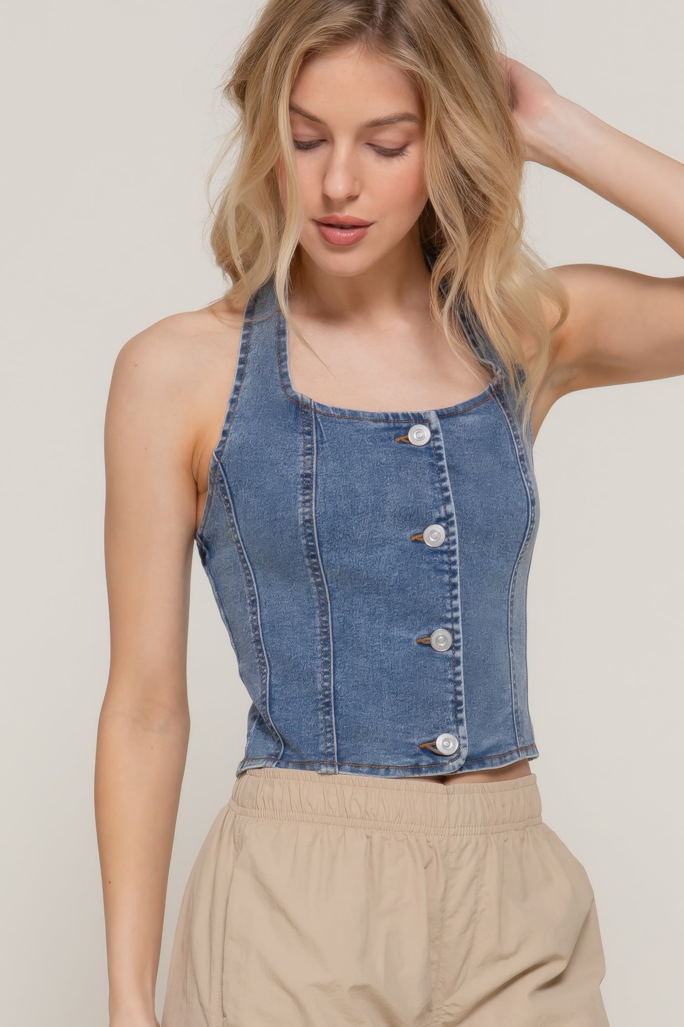 Button Down Stretch Denim Halter Top - That Janis Style