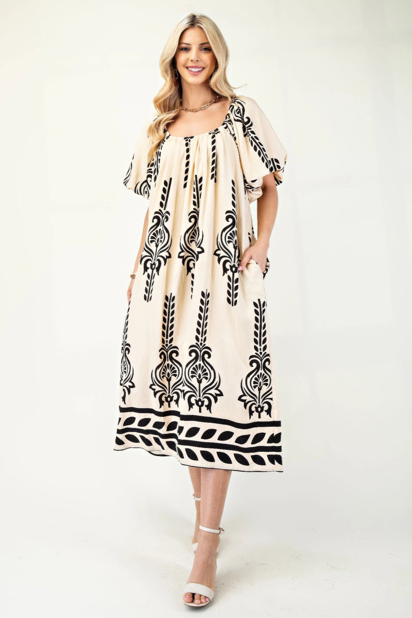 Printed Midi Dress With Short Puff Sleeves - That Janis Style