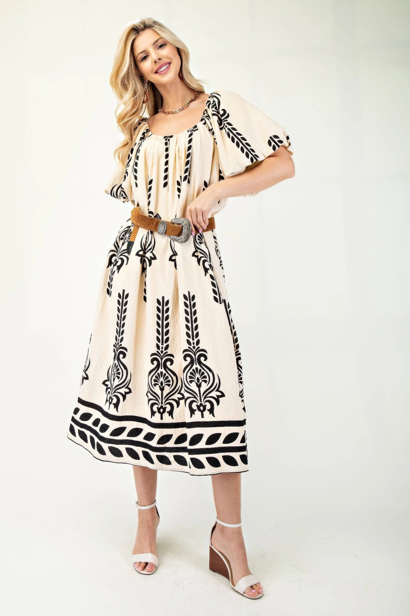 Printed Midi Dress With Short Puff Sleeves - That Janis Style