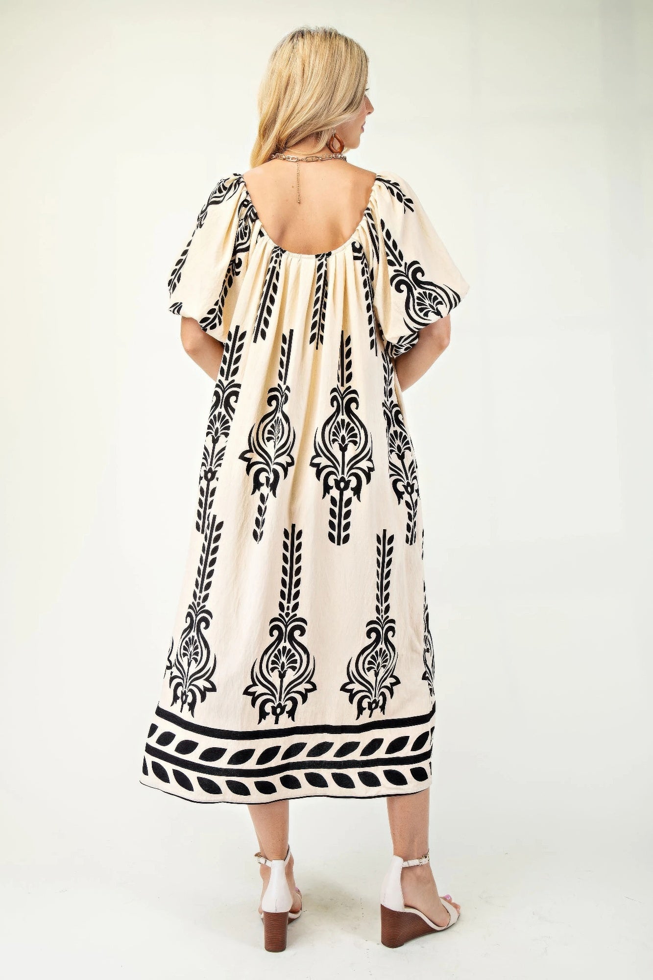 Printed Midi Dress With Short Puff Sleeves - That Janis Style
