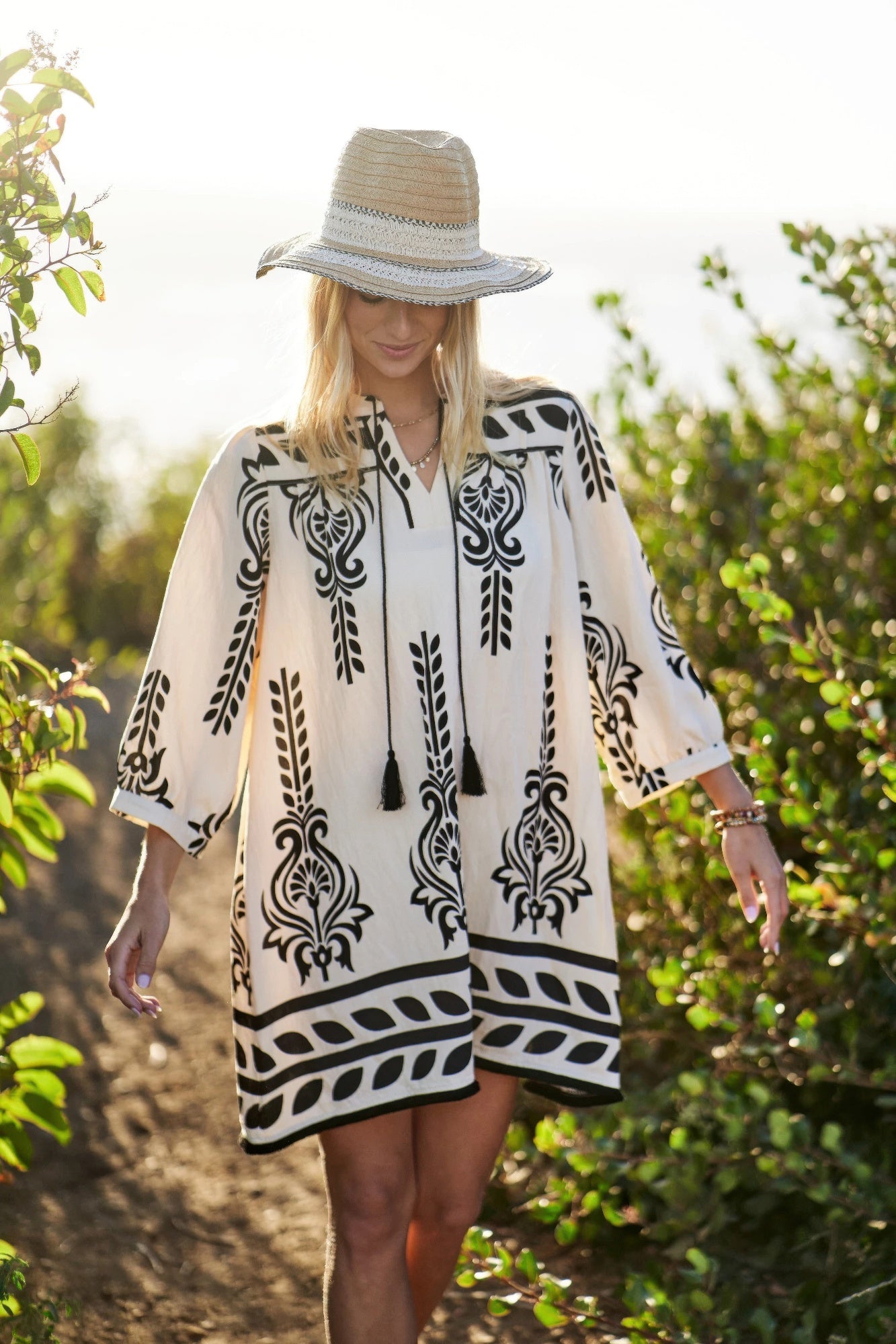 Printed 3/4 Sleeve Dress With Tassel Tie And Fringe Detail On Hem - That Janis Style