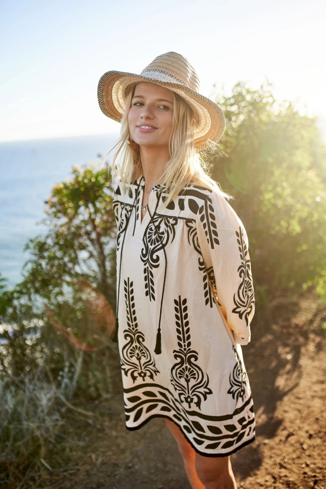 Printed 3/4 Sleeve Dress With Tassel Tie And Fringe Detail On Hem - That Janis Style