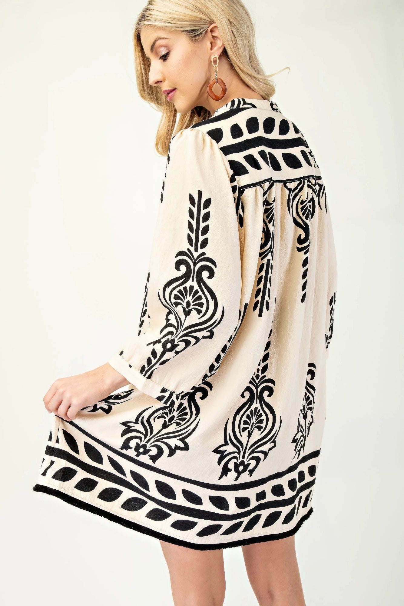 Printed 3/4 Sleeve Dress With Tassel Tie And Fringe Detail On Hem - That Janis Style